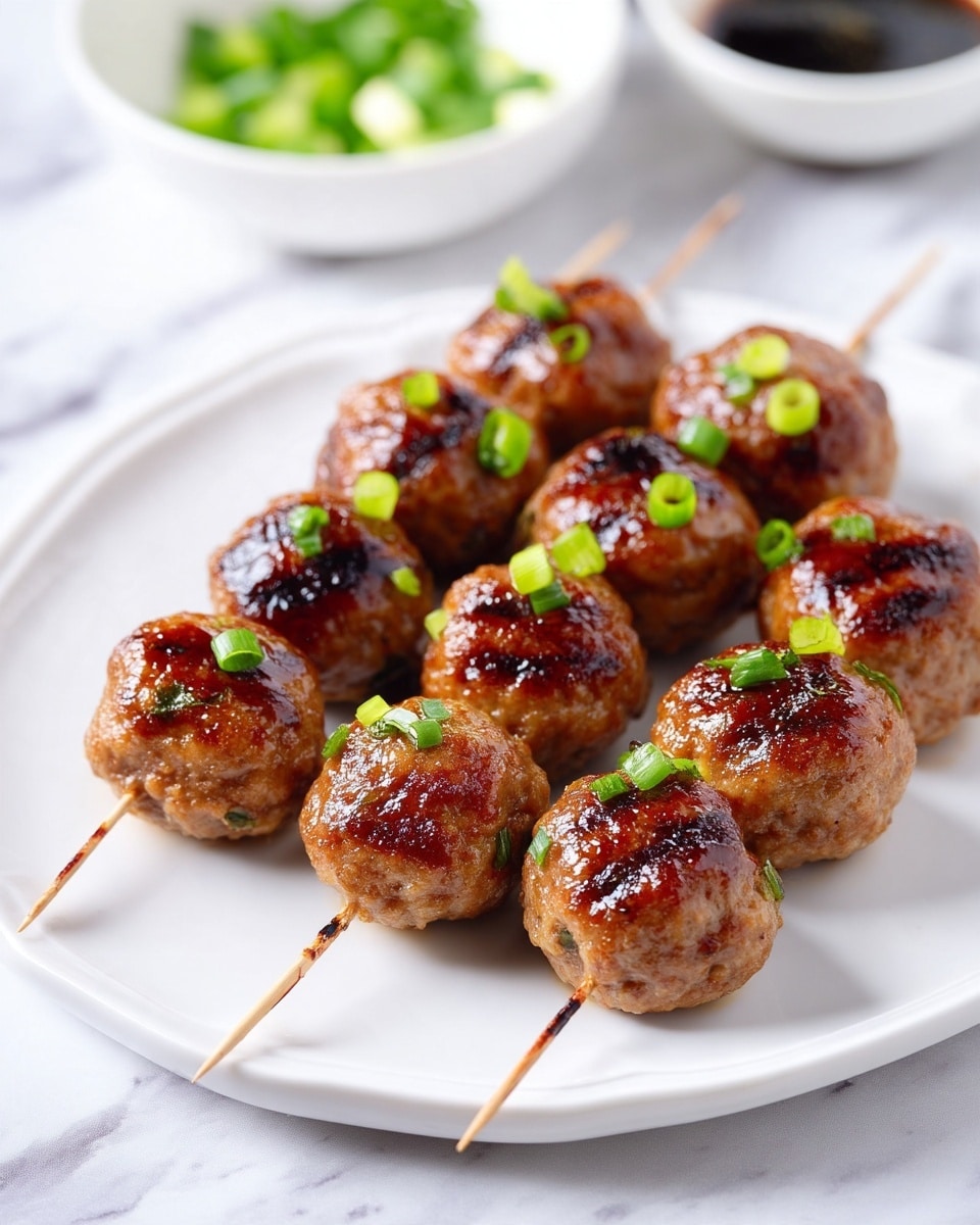 A white plate holds eight grilled meatballs on wooden skewers arranged in a fan shape. Each meatball is golden brown, shiny with glaze, and garnished with small pieces of green onion. The meatballs have a slightly crispy, textured surface with some darker grill marks. The plate is set on a white marbled surface, with two small white bowls blurred in the background, one containing a dark sauce and the other chopped green onions. Photo taken with an iphone --ar 4:5 --v 7