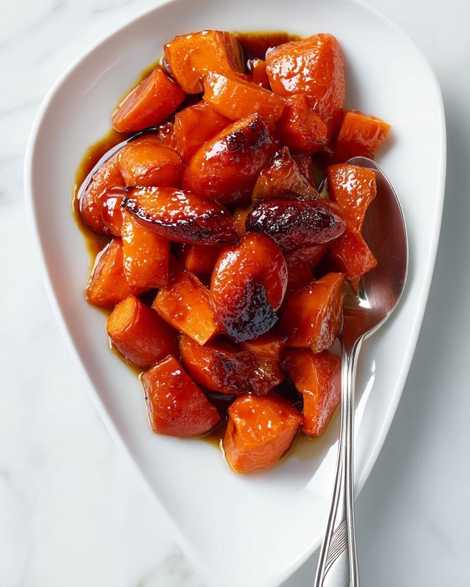 A white triangular plate holds a pile of glossy, caramelized orange carrot pieces cut into uneven chunks, coated in a thick, shiny brown glaze. The carrots have a mix of vibrant orange and dark brown caramelized spots, creating a rich texture. A silver spoon with a smooth handle lies partially under the carrots on the right side, resting on the plate's edge. The plate is placed on a white marbled surface. photo taken with an iphone --ar 4:5 --v 7