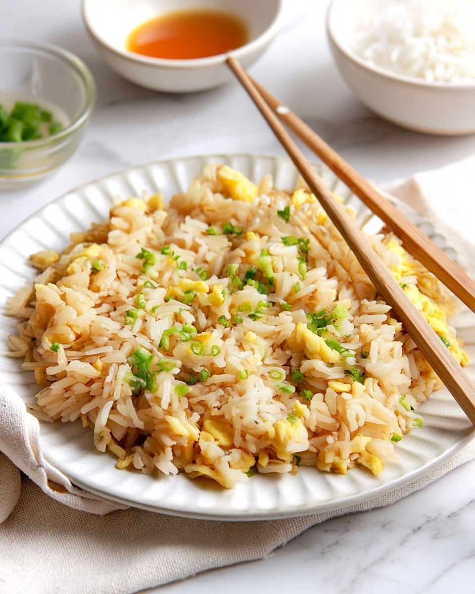 A white plate holds a serving of fried rice made of soft, light brown rice grains mixed with small pieces of bright yellow scrambled eggs, topped with chopped green onions scattered over the top. Resting diagonally across the plate are a pair of light brown wooden chopsticks. The plate is set on a white marbled surface with a beige cloth partially visible under the bottom left side. In the background, there are white bowls, one holding an orange sauce and another partially filled with white rice. photo taken with an iphone --ar 4:5 --v 7