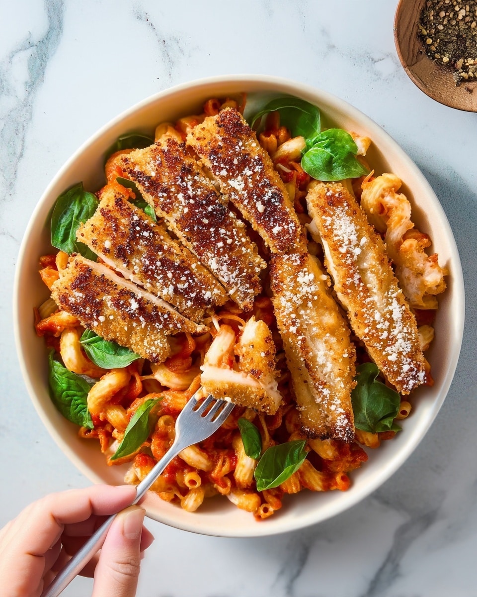 The dish is served in a white bowl filled with three main layers: the bottom layer is orange-red pasta mixed with sauce, featuring spiral-shaped cavatappi noodles; the middle layer contains a few whole green basil leaves scattered evenly on the pasta; the top layer showcases four pieces of golden-brown, crispy chicken tenders lightly sprinkled with grated cheese, arranged on one side of the bowl. A fork held by a woman's hand is lifting one piece of chicken, revealing the creamy inside, all set against a white marbled texture background with a small wooden bowl of crushed pepper nearby. photo taken with an iphone --ar 4:5 --v 7