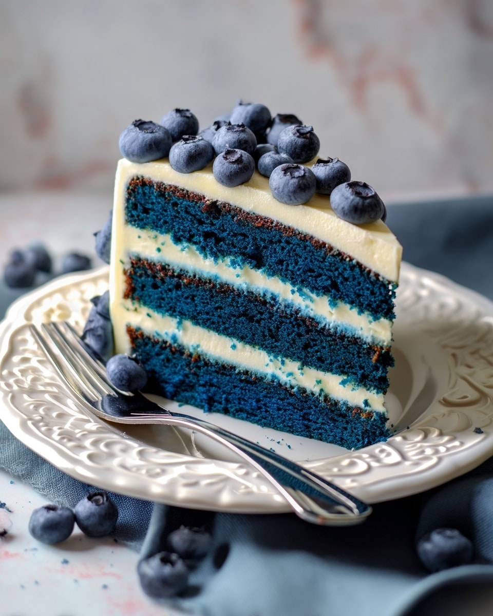 A slice of blue layered cake with three dense, moist blue cake layers separated by smooth white cream filling is shown on a white decorative plate. The top edge of the cake slice is covered with white frosting and decorated with fresh blueberries all around. The plate rests on a blue cloth, and a silver fork lies next to the cake slice, catching some crumbs. The background has a soft, out-of-focus white marbled texture. Photo taken with an iphone --ar 4:5 --v 7