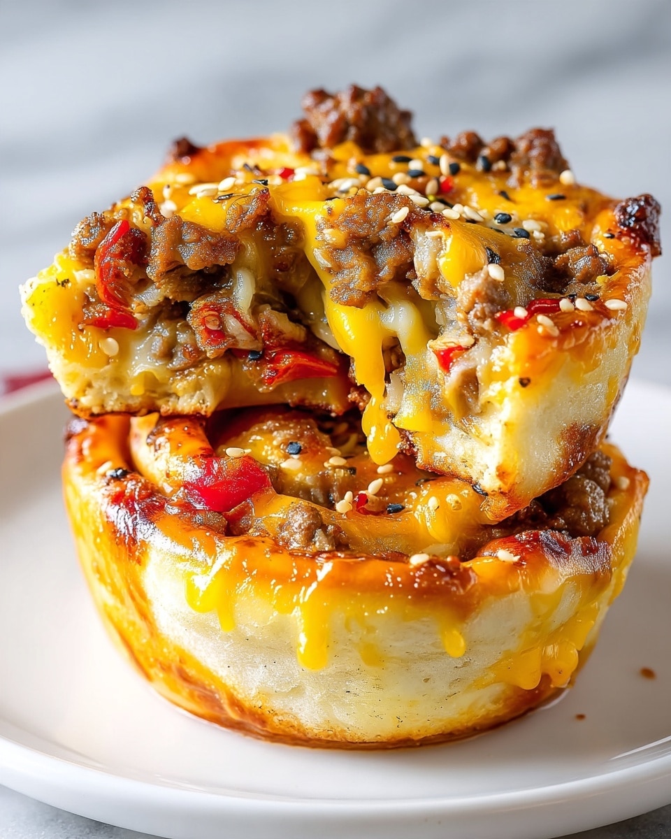 A close-up image of two stacked savory rolls on a white plate set on a white marbled surface, showing three visible layers: the bottom layer is a thick, golden-brown soft dough base with a slightly crispy edge; the middle layer is a mix of melted yellow cheddar cheese and browned ground beef with small pieces of red bell pepper scattered throughout; the top layer has a glossy finish with melted cheddar cheese, browned beef, and sprinkled white and black sesame seeds, giving a textured look. The top roll is slightly bitten, revealing gooey cheese stretching in the center. Photo taken with an iphone --ar 4:5 --v 7