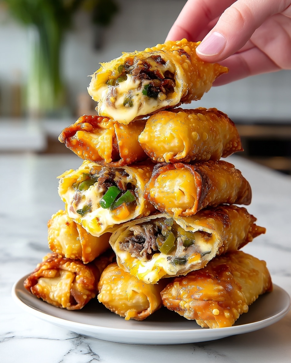 The image shows several golden-brown, crispy egg rolls on a white marbled surface, some whole and some cut in half to reveal the fillings inside. Each egg roll features a bubbling, crinkly outer shell with a shiny sauce drizzled on top. Inside, there are three visible layers: a thin crispy outer layer, a middle layer of creamy cheese mixed with green and yellow vegetables, and a core of shredded dark brown beef. Fresh green sliced jalapeños are scattered on top and around the egg rolls, adding a bright color contrast. In the background, a white bowl filled with dark soy dipping sauce is placed partially out of focus. photo taken with an iphone --ar 4:5 --v 7