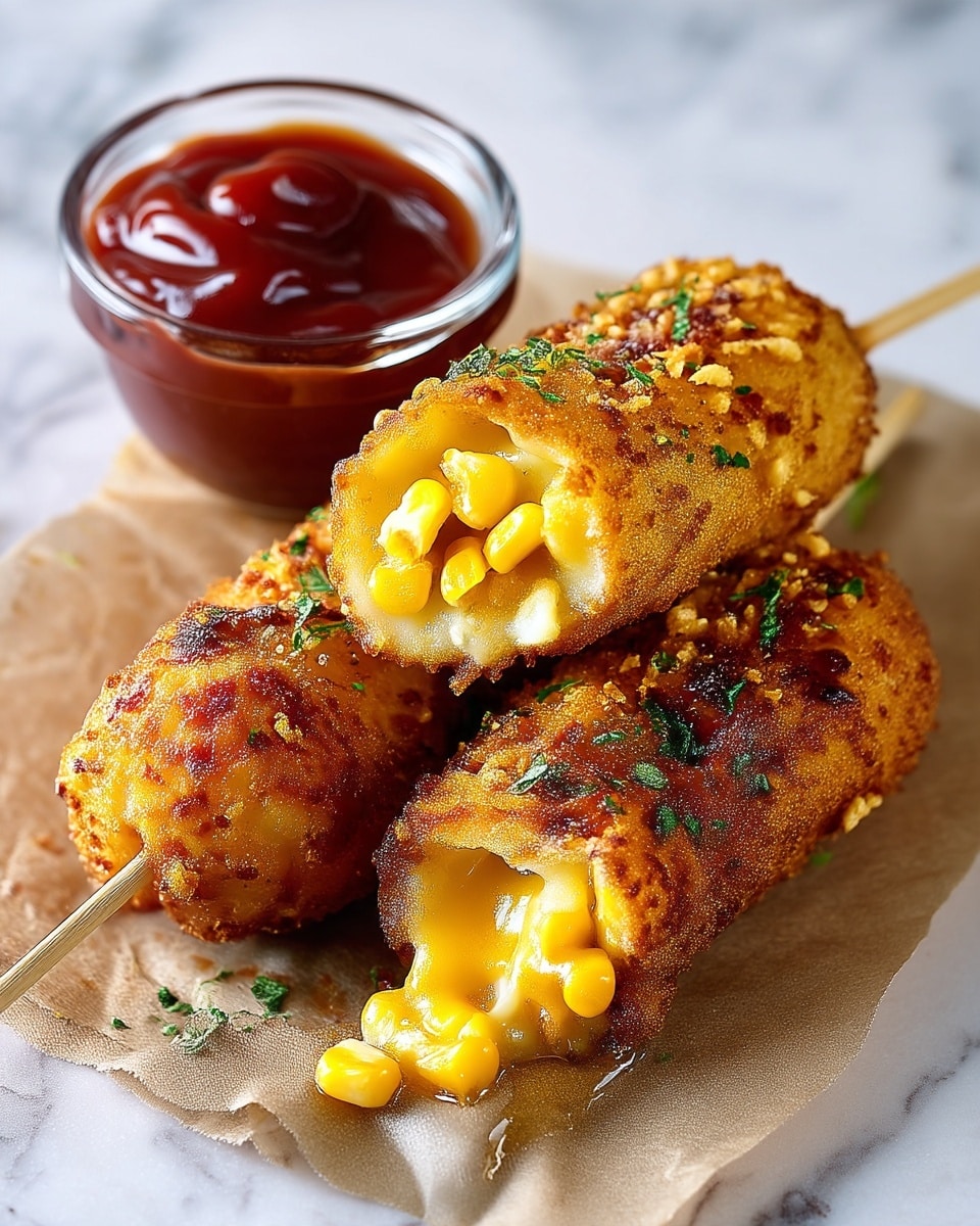 Three golden-brown deep-fried corn dogs are shown on white parchment paper over a white marbled surface. Two of the corn dogs in front are sliced open, revealing a thick, stretchy layer of melted yellow cheese mixed with bright yellow corn kernels spilling out. Each corn dog has a crispy, crunchy outer coating with finely textured breading, sprinkled with small bits of green herbs. Behind them, one whole corn dog sits on a wooden skewer. To the right, there is a small clear glass bowl filled with glossy, dark red ketchup. photo taken with an iphone --ar 4:5 --v 7