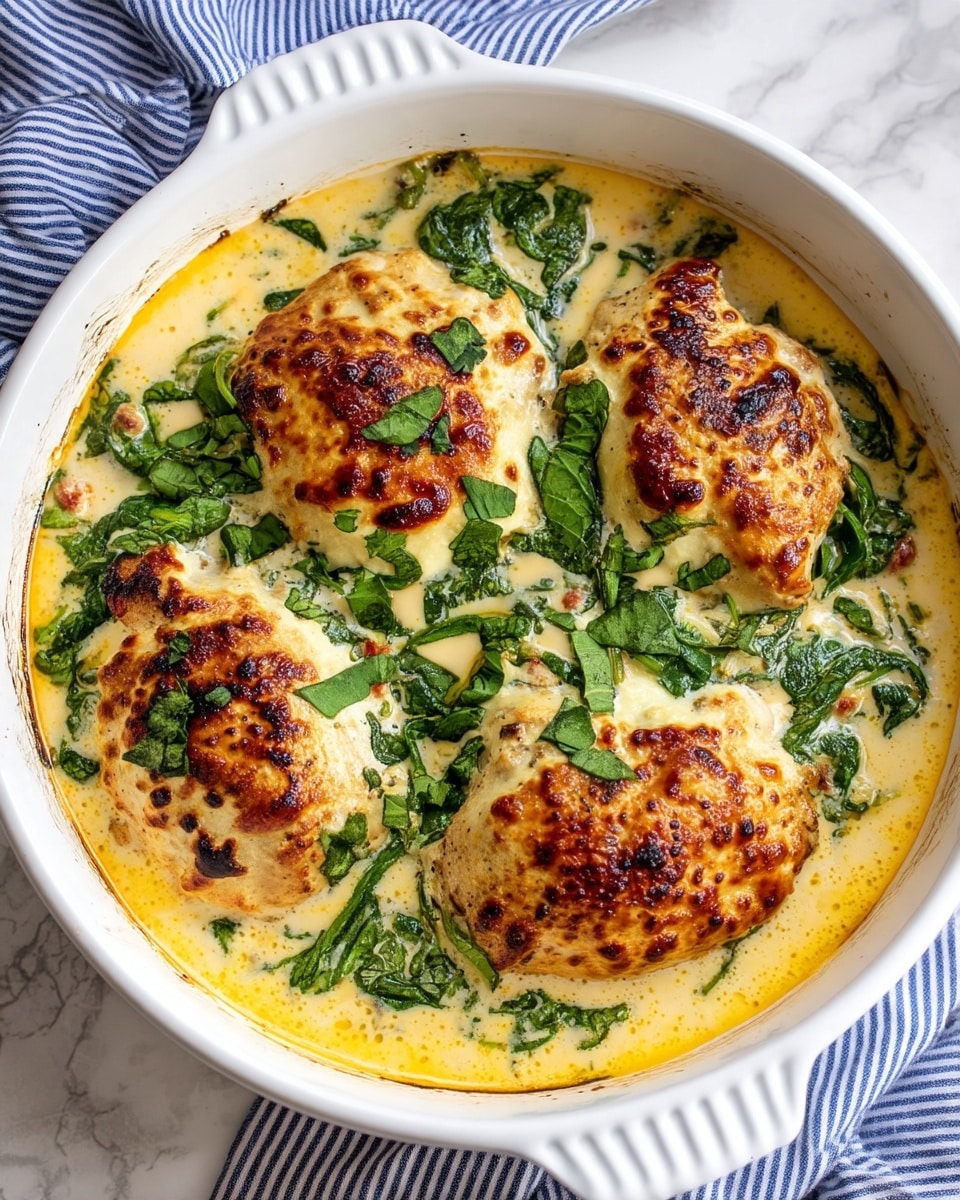 A white baking dish holds a creamy chicken dish with four browned chicken breasts partially submerged in a thick, pale yellow sauce. Bright green spinach leaves are scattered on top and around the chicken, adding a fresh and vibrant contrast to the creamy layer beneath. The edges of the sauce near the sides of the dish show a slight golden browning, indicating it was baked. The dish sits on a white marbled surface with a blue and white striped cloth nearby. photo taken with an iphone --ar 4:5 --v 7