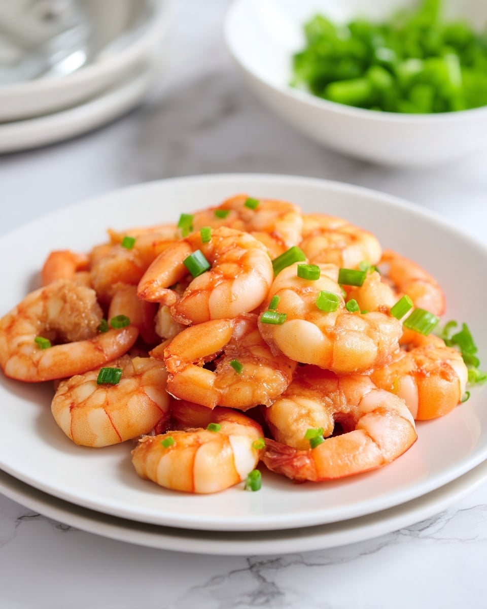 A white plate is filled with cooked shrimp, piled in about two layers. The shrimp are orange-pink and slightly glossy, showing their cooked texture. Small pieces of green chopped scallions are scattered on top of the shrimp for color contrast. The plate is on a white marbled surface, and in the background, there is a blurred white bowl with more green scallions, giving a fresh look. Photo taken with an iphone --ar 4:5 --v 7