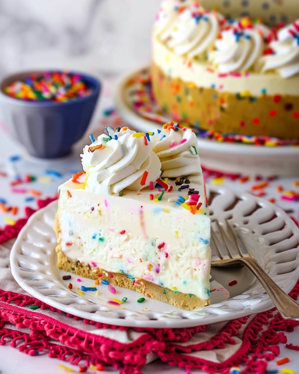 A slice of birthday cake cheesecake with three visible layers: the bottom layer is a light golden brown crust with a crumbly texture, the middle layer is creamy white cheesecake speckled with colorful rainbow sprinkles inside, and the top layer is smooth white frosting dotted with more rainbow sprinkles. Around the upper edge of the cheesecake is a ring of thick, white swirls of whipped cream, each topped with rainbow sprinkles. The cheesecake sits on a white plate placed on a white marbled surface, with some scattered rainbow sprinkles surrounding the plate. In the background, a white bowl filled with rainbow sprinkles is slightly out of focus. Photo taken with an iphone --ar 4:5 --v 7