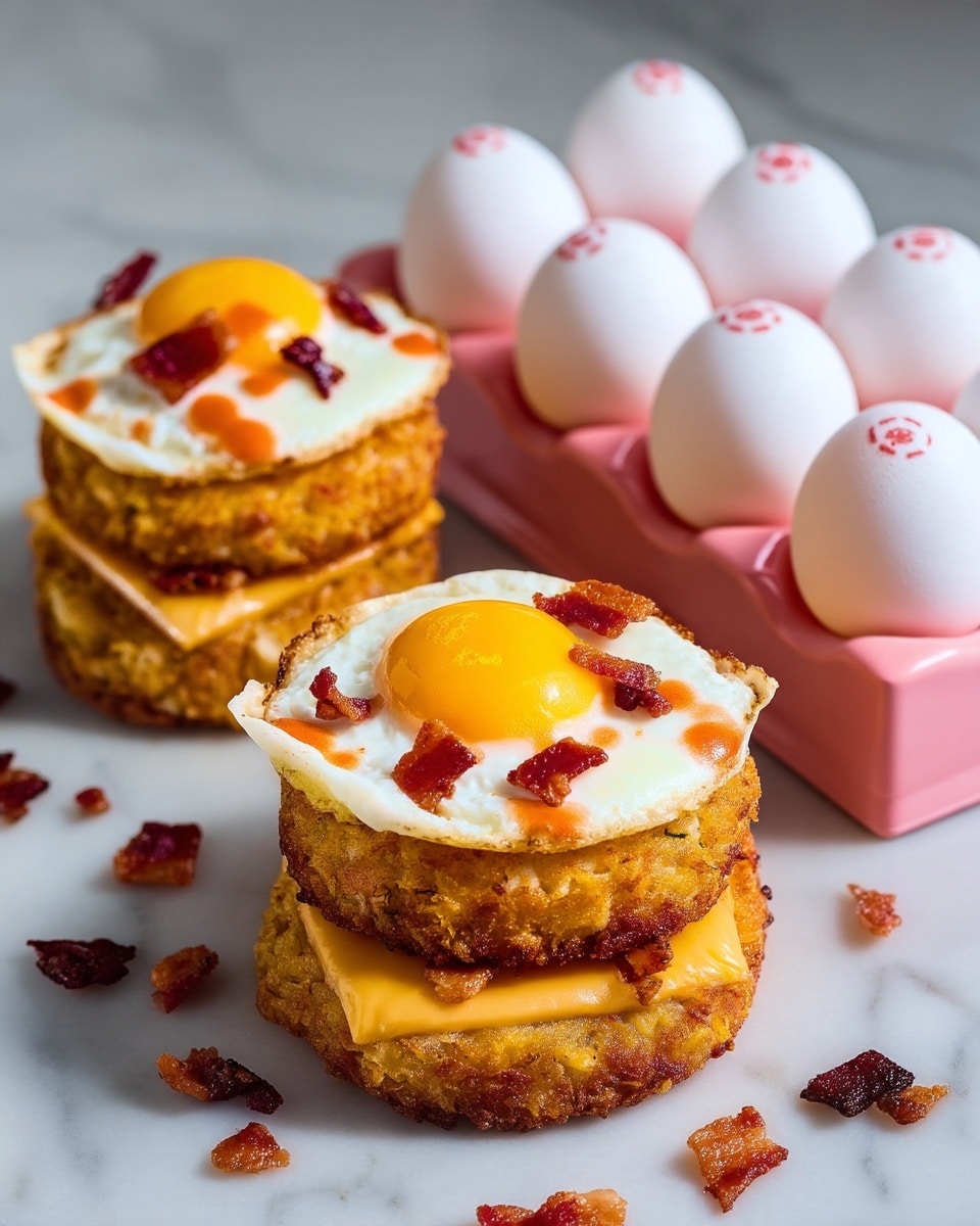 The image shows three breakfast stacks placed directly on a white marbled surface. Each stack has three layers: a crispy golden brown hash brown at the bottom, a melted bright orange slice of cheese in the middle, and a sunny-side-up egg on top with a bright yellow yolk surrounded by cooked white edges. Small crispy dark red bacon bits are scattered on the eggs and around the stacks. To the right, there is a pink egg holder containing six white eggs with red stamps on their shells. Photo taken with an iphone --ar 4:5 --v 7
