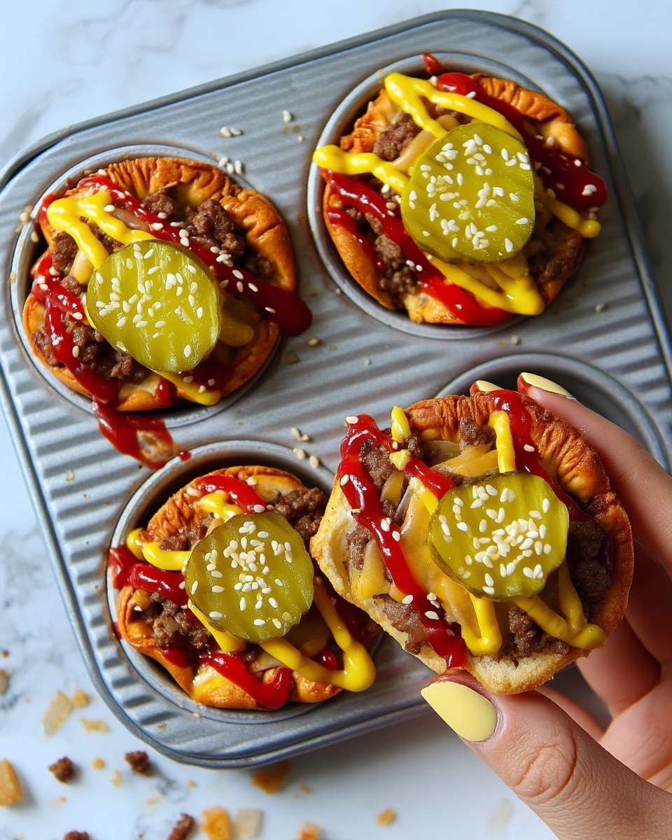 The image shows mini cheeseburger cups arranged in a gray metal muffin tray on a white marbled surface. Each cup has a golden brown baked bun base with crumbled cooked ground beef and melted yellow cheddar cheese layered inside. The tops are decorated with bright red ketchup and thick yellow mustard drizzles. Each cheeseburger cup is crowned with a green pickle slice sprinkled with white sesame seeds. A woman's hand with nude nail polish holds one of the cheeseburger cups on the right side of the tray. Small bits of beef and sesame seeds are scattered around the tray. photo taken with an iphone --ar 4:5 --v 7
