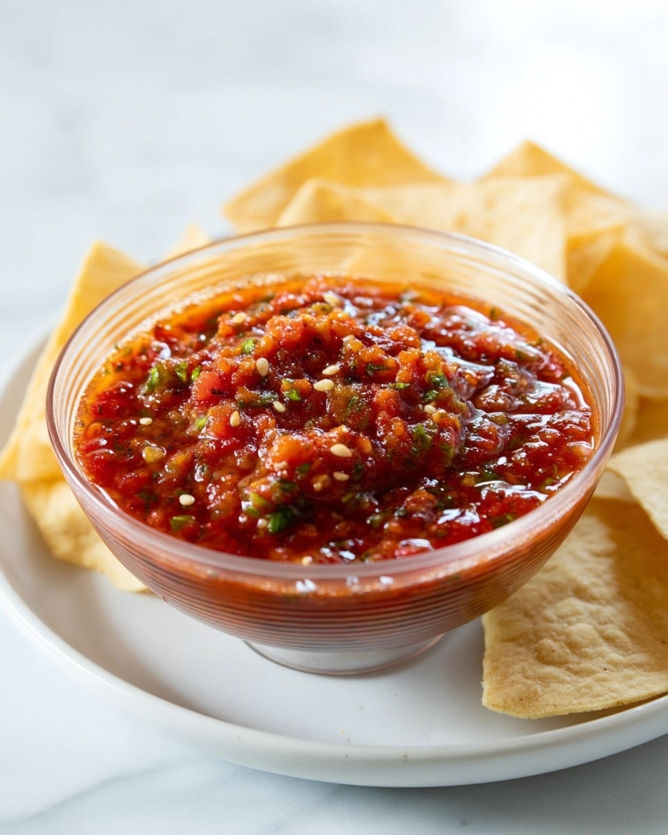 The image shows a close-up of a white bowl filled with red salsa that has a chunky texture with visible pieces of tomatoes, herbs, and seeds. On the right side, there is a clear glass plate piled with round, light golden, crispy tortilla chips stacked in a casual, slightly overlapping arrangement. The background is a white marbled texture, providing a clean and bright setting for the food. Photo taken with an iphone --ar 4:5 --v 7