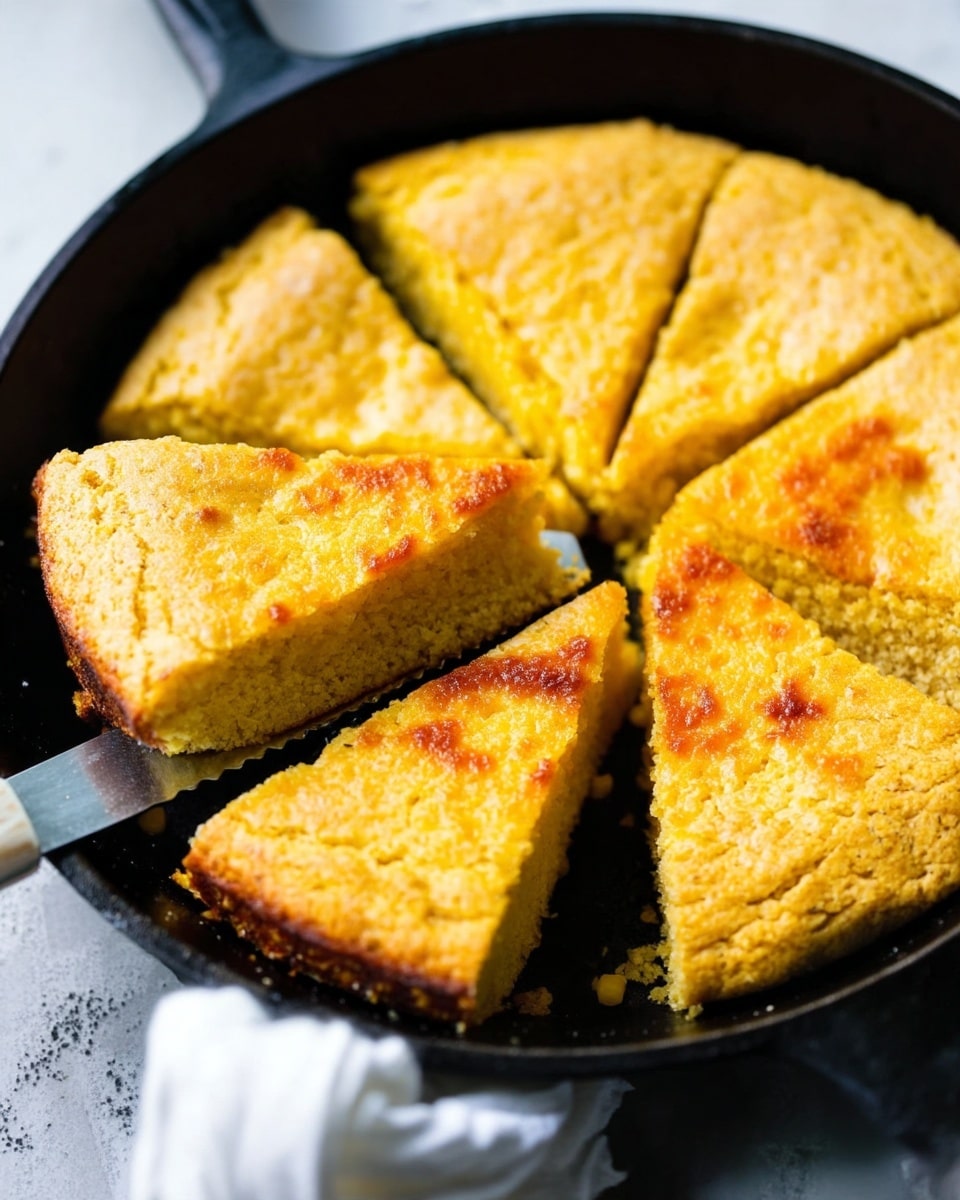 This image shows five pieces of golden yellow cornbread in a black cast iron pan, cut into triangular slices. One slice is being lifted with a knife that has a white handle, revealing its soft and crumbly texture inside. The top layer is slightly rough with a baked crust, and the thickness looks even throughout. A white cloth is partially visible at the bottom of the pan, resting on a white marbled surface. photo taken with an iphone --ar 4:5 --v 7