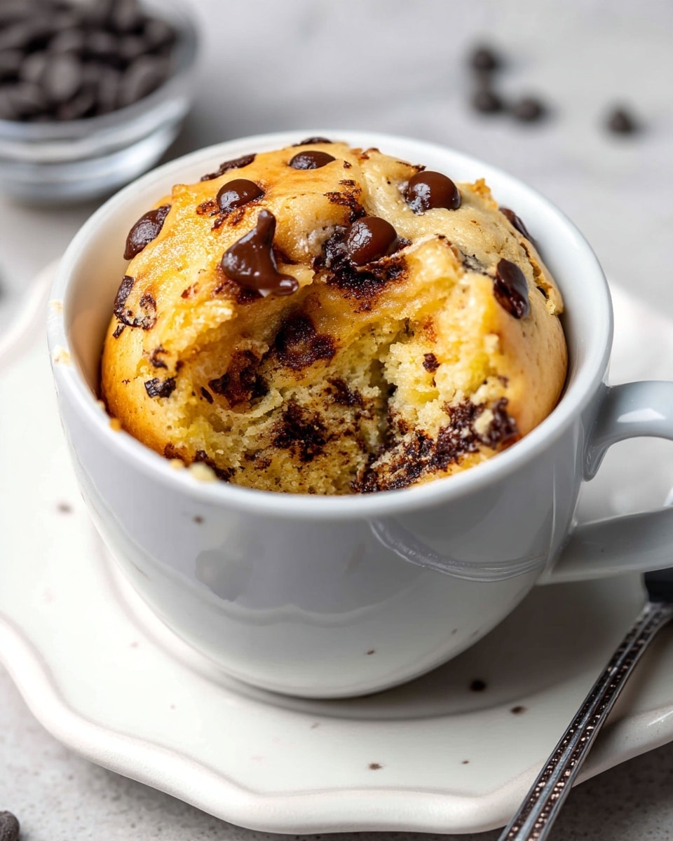 A close-up view of a soft, golden-brown chocolate chip muffin in a white ceramic cup, showing one bite taken from the top right side, revealing a moist, crumbly inside with dark melted chocolate chips scattered throughout. The muffin's surface is bumpy with melted chocolate chips embedded and a warm, slightly glossy texture. The cup sits on a white plate with delicate edges against a white marbled surface, with a small portion of a bowl containing dark chocolate chips visible at the bottom right corner. Photo taken with an iphone --ar 4:5 --v 7