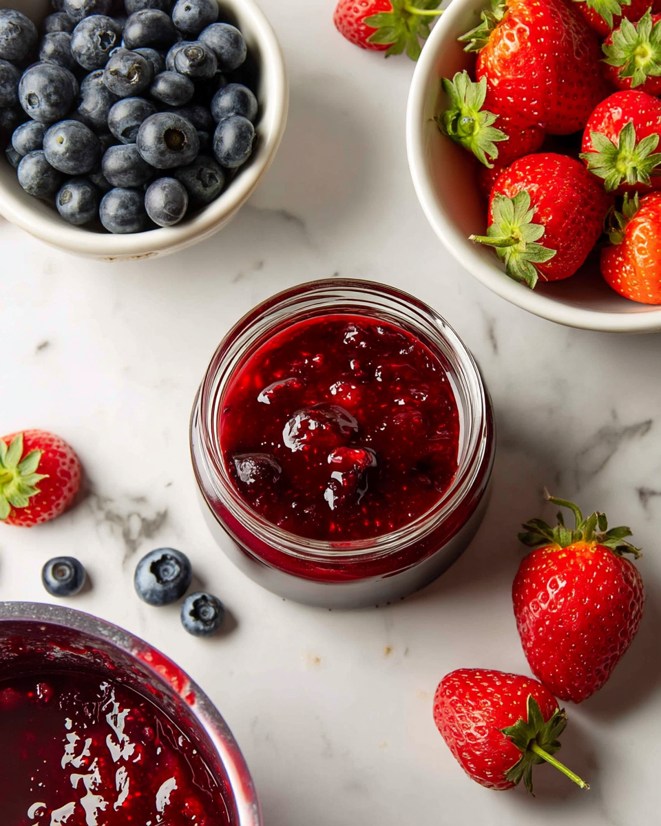 The image shows a clear glass jar filled with thick, glossy red berry jam that has visible chunks of fruit and seeds, placed on a white marbled surface. Around the jar, fresh strawberries with green stems and plump blueberries are scattered, adding pops of red and blue colors. Two white bowls, one on the top left and another on the bottom right, are filled with fresh strawberries and blueberries, showing smooth textures and vibrant colors. In the bottom left corner, part of a metallic bowl contains more red jam, with its shiny surface glistening under the light. photo taken with an iphone --ar 4:5 --v 7