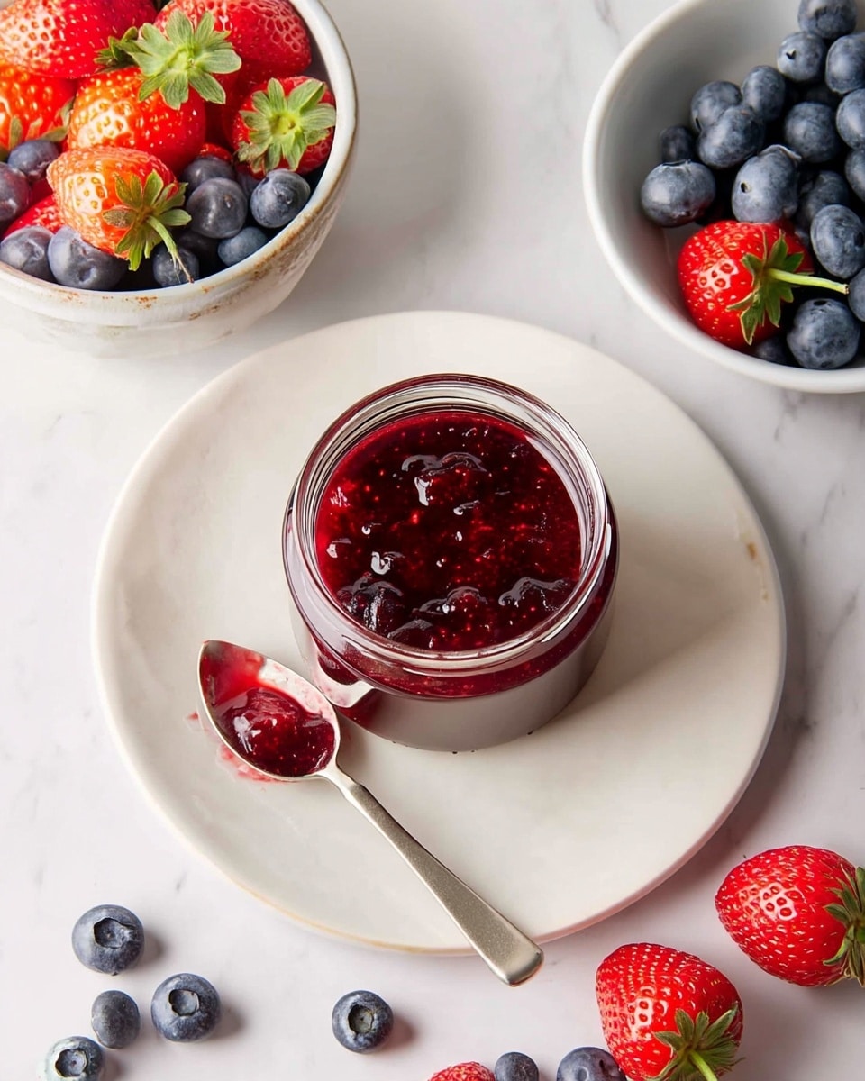 A small clear jar filled with a deep red, glossy berry jam showing visible seeds and fruit bits, sits on a white plate. Next to the jar, a silver spoon rests on the plate with some jam on it. Around the plate are fresh strawberries and blueberries scattered on a white marbled surface. In the top left corner, a white bowl holds fresh strawberries and blueberries, while the bottom right corner shows part of another similar bowl with berries. The colors are bright with red and blue hues contrasting against the clean white background. photo taken with an iphone --ar 4:5 --v 7