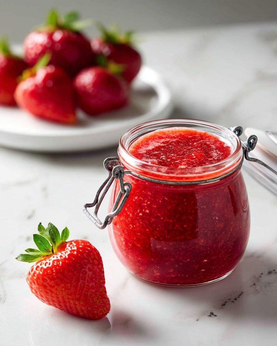 A glass jar filled with bright red strawberry jam that has a slightly chunky, textured surface with some shiny spots, sitting on a white marbled texture. The jar has a metal clasp on the side and an open white lid resting near it. In the background to the left, there is a white plate holding four fresh, whole strawberries with green leaves still attached. A single strawberry is also placed on the white marbled surface in the foreground. The lighting is soft and natural, highlighting the vibrant red color of the jam and strawberries. photo taken with an iphone --ar 4:5 --v 7