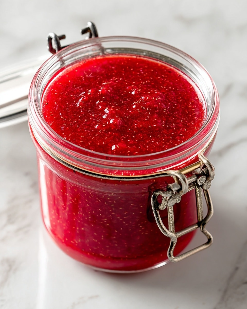 A clear glass jar with a metal clasp holds a thick, bright red jam that has a slightly uneven, textured surface with small seeds visible inside. The jar is open, showing the shiny, slightly bubbly top layer of jam. The jar sits on a white marbled surface that adds a soft contrast to the vibrant red color inside. The metal clasp and ring around the jar give a rustic but clean look to the image. photo taken with an iphone --ar 4:5 --v 7