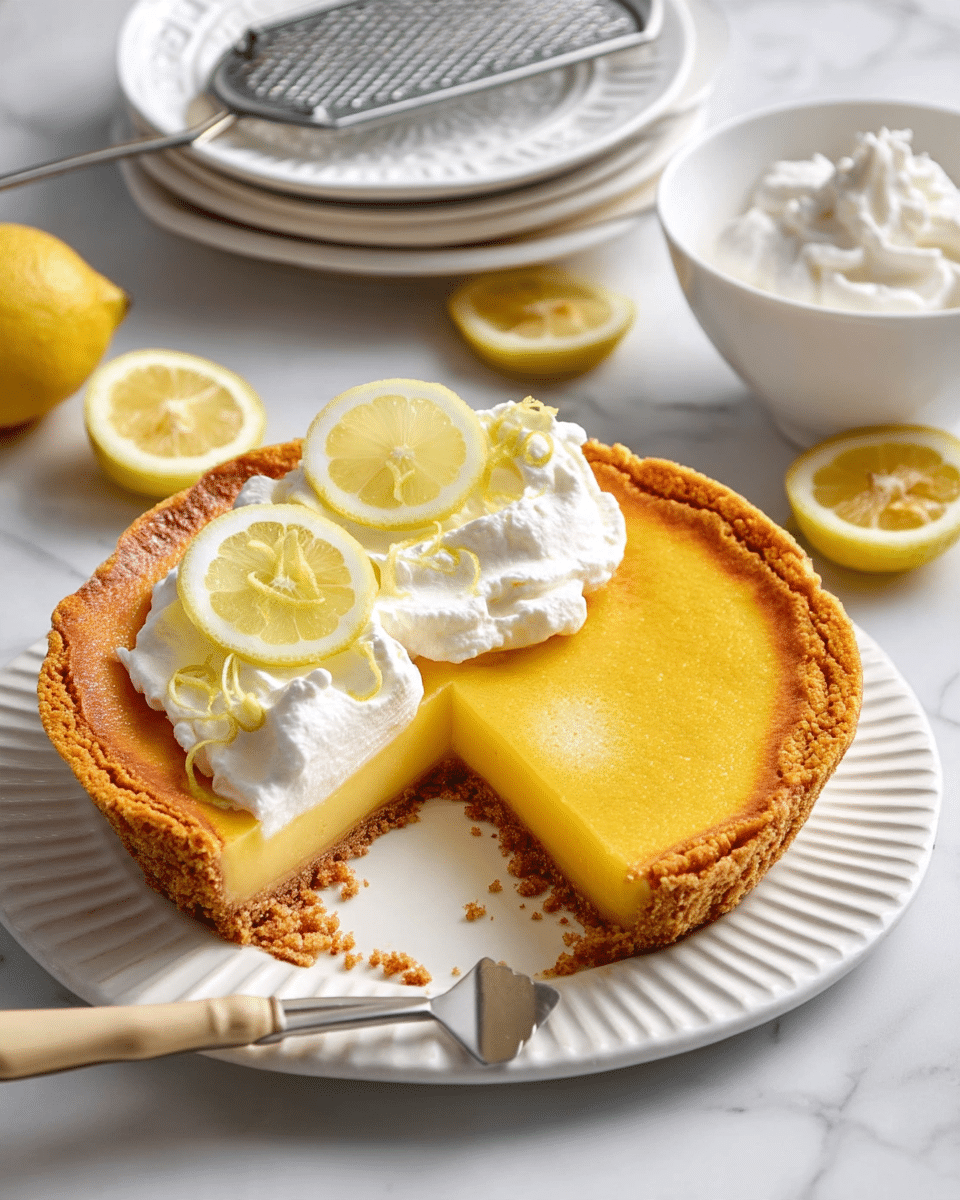 A lemon pie is shown on a white round plate with ridged edges, featuring a golden-brown crust that is thick and crumbly around the edge. The filling is smooth and bright yellow, taking up most of the pie’s surface. On one side, there is a generous layer of white whipped cream topped with three thin lemon slices and small lemon zest curls scattered on top. Next to the plate, there are two lemon halves and two lemon slices. A pie server with a beige handle rests partially on the plate. The background is a white marbled texture with a bowl of whipped cream and stacked white plates with a metal grater on top nearby. photo taken with an iphone --ar 4:5 --v 7