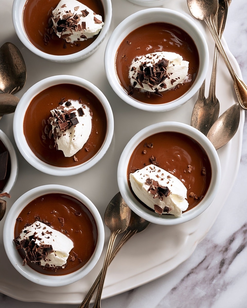 The image shows a close-up of a smooth, dark brown chocolate pudding inside a white ramekin bowl with soft shiny texture, topped with a dollop of white whipped cream that has a light airy texture and sprinkled with thin dark chocolate shavings. A vintage metal spoon is scooping out a thick, creamy portion of the chocolate pudding, revealing its rich and dense quality. The background features a white marbled surface with other similar bowls slightly out of focus, creating a clean and bright setting. photo taken with an iphone --ar 4:5 --v 7