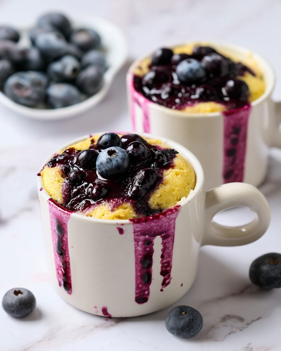 Two white mugs are filled with blueberry mug cakes on a white marbled surface. Each mug contains a soft yellow cake with uneven texture, topped and swirled with dark purple blueberry sauce. Some purple stains and drips are visible on the inside and outside walls of the mugs. In the background, there is a small white plate filled with whole fresh blueberries, and a few scattered blueberries rest on the surface nearby. Photo taken with an iphone --ar 4:5 --v 7