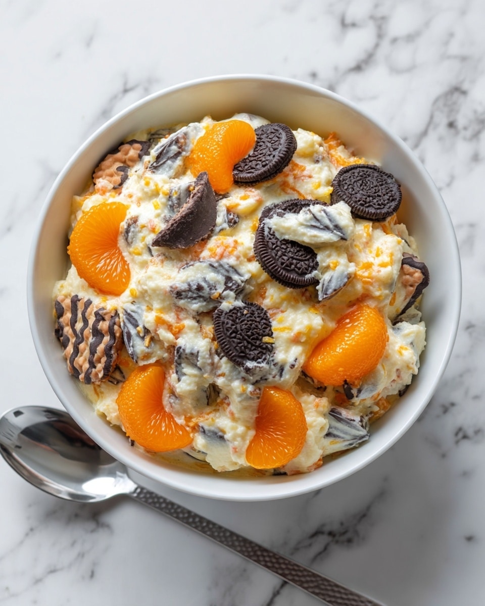 A round white bowl is filled with a creamy dessert that has a pale yellow base mixed evenly with small chunks of bright orange mandarin fruit. Throughout the dessert, there are several pieces of round cookies with wavy edges, half coated in dark chocolate, some broken into smaller parts. On top, whole mandarin slices and cookie pieces are placed decoratively, with the orange segments standing out against the creamy background. The bowl is placed on a white marbled surface with a metal spoon nearby. photo taken with an iphone --ar 4:5 --v 7