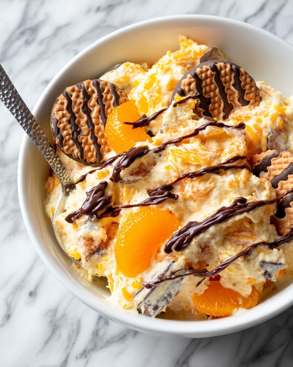 A white bowl contains a creamy mixture with three main visible layers: soft, light-colored cream with a smooth texture as the base, mixed with bright orange mandarin slices and pieces of light brown cookies covered in dark chocolate stripes. The mandarin pieces are shiny and plump, sitting on top and mixed throughout the cream. The cookies are round with wavy edges and are placed both on the surface and embedded slightly in the creamy mixture. A silver spoon with a textured handle rests inside the bowl on a white marbled surface. Photo taken with an iphone --ar 4:5 --v 7