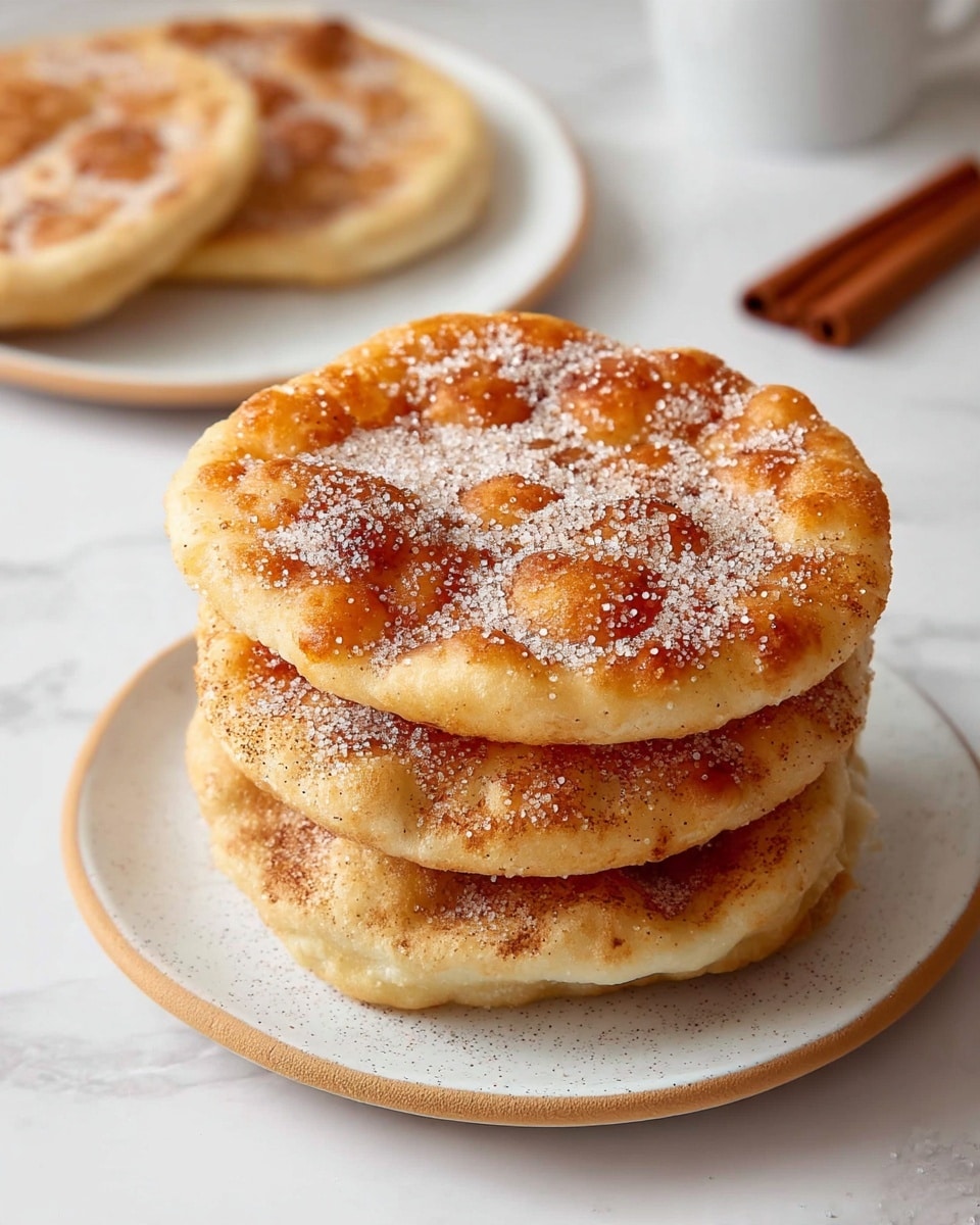 Six round pieces of flat fried dough with a golden brown color are stacked unevenly on a white plate. Each piece has a light dusting of cinnamon sugar, giving a textured look with sparkling spots of sugar and darker brown patches where the dough is crispier. To the upper left of the plate is a small clear glass bowl filled with cinnamon sugar. The background is a white marbled texture. photo taken with an iphone --ar 4:5 --v 7