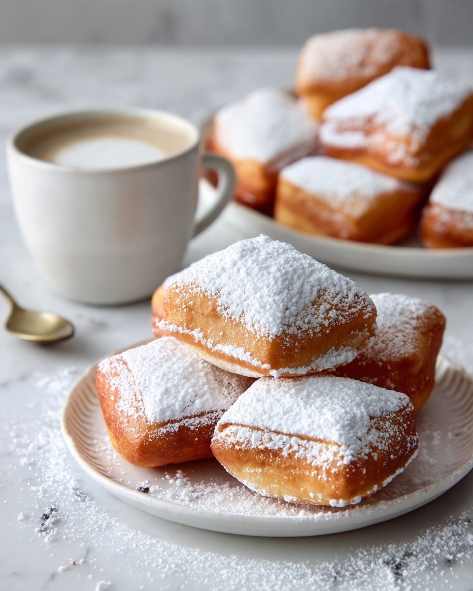 A white plate holds a stack of golden-brown square beignets, each topped with a thick layer of white powdered sugar, giving a soft, powdery texture on top and a slightly crispy surface on the sides. Behind this plate, another white plate shows more beignets piled together. To the left, a white cup filled with frothy coffee sits near a small brass spoon, all placed on a white marbled textured surface covered partially by a white cloth with a thin blue stripe. The setting has a warm, inviting feel with soft natural light highlighting the texture and color of the beignets. photo taken with an iphone --ar 4:5 --v 7