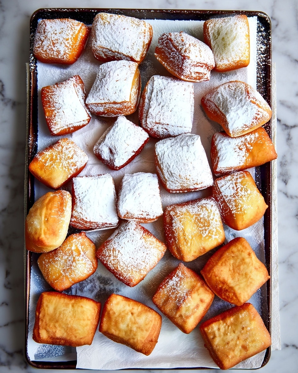 The image shows many square-shaped fried dough pieces with a golden brown outer texture, some having a slightly crisp look while others appear softer. Each piece is generously dusted with a thick layer of white powdered sugar, covering the top and part of the sides. The treats are placed closely together on a white paper towel that rests on a dark baking tray, which contrasts with their warm color. The background has a white marbled texture, adding a clean and bright appearance to the scene. photo taken with an iphone --ar 4:5 --v 7