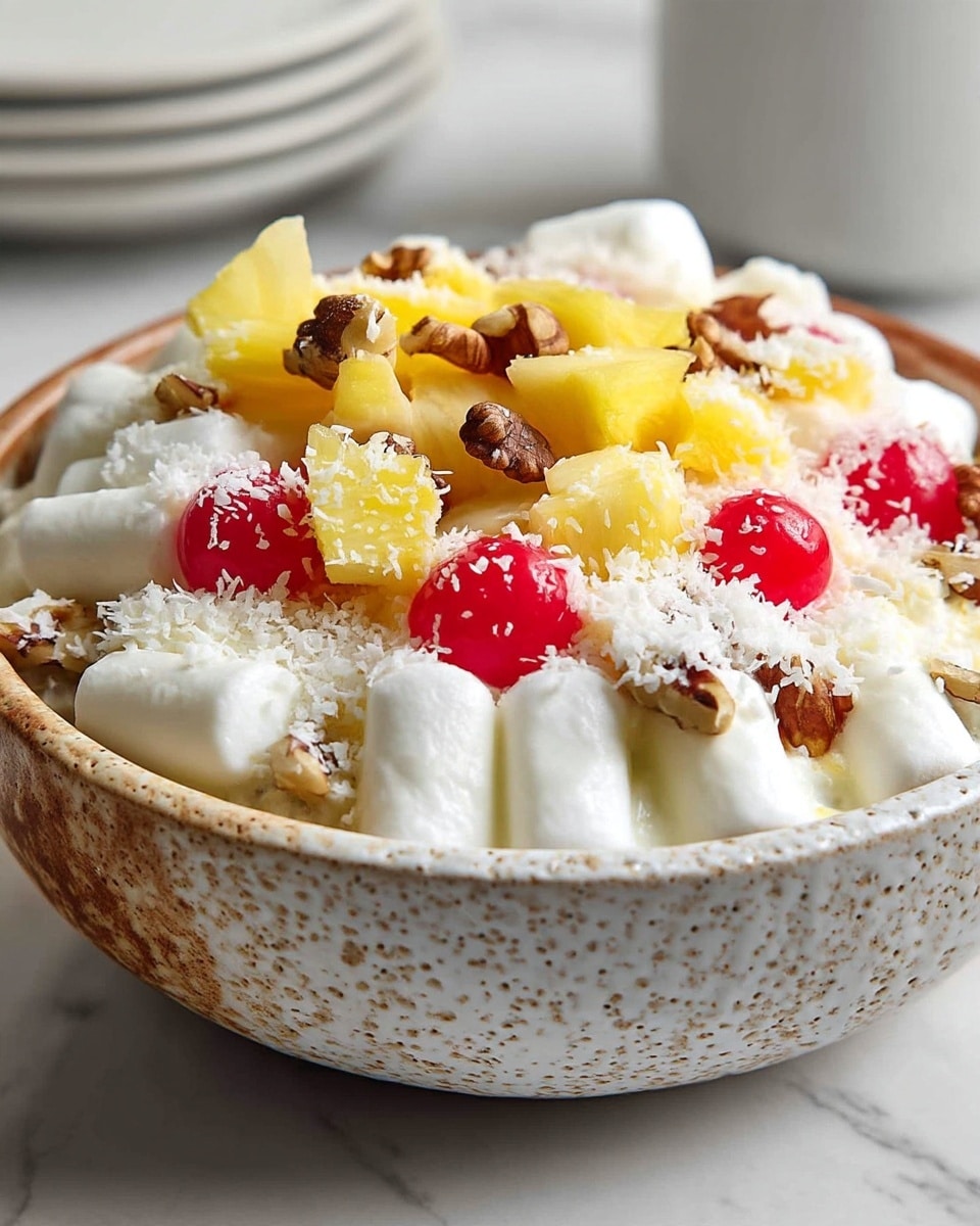 A creamy white dessert served in a round, textured ceramic bowl with a light speckled beige finish. The dish features a soft base layer of white creamy pudding, topped with scattered large white marshmallows. On top of this are chunks of bright yellow pineapple and pieces of red cherry adding pops of color. The dessert is sprinkled with shredded white coconut and crunchy brown walnut pieces, creating a mix of smooth, juicy, and crunchy textures all visible in a close-up shot against a white marbled background. photo taken with an iphone --ar 4:5 --v 7