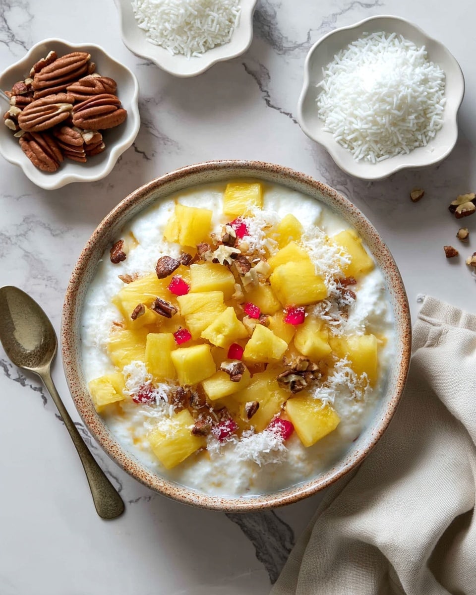 A bowl with a beige crust holds a dessert with two visible layers: the bottom layer is creamy white and smooth, topped with a second layer of rough white meringue dollops. On top, pieces of bright yellow pineapple, small bits of red fruit, and brown chopped nuts are scattered, adding color and texture. Around the bowl, on a white marbled surface, there are two white flower-shaped dishes—one filled with small brown nut pieces, and the other with white granulated salt—and a white plate holds thick slices of yellow pineapple. A vintage metal spoon lies nearby, and a folded beige cloth is placed on the right side. Photo taken with an iphone --ar 4:5 --v 7