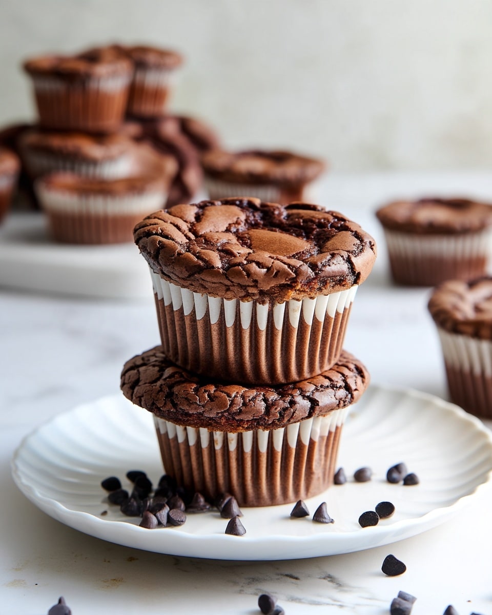 The image shows a stack of three rich chocolate cupcakes with cracked tops and deep brown color, wrapped in white paper liners with a brown pattern. The cupcakes sit on a white plate with a scalloped edge placed on a white marbled surface. Scattered chocolate chips are seen in the foreground near the plate. In the blurred background, additional chocolate cupcakes rest directly on the white marbled surface. The lighting is soft, highlighting the moist texture and cracks on the cupcakes’ tops. photo taken with an iphone --ar 4:5 --v 7