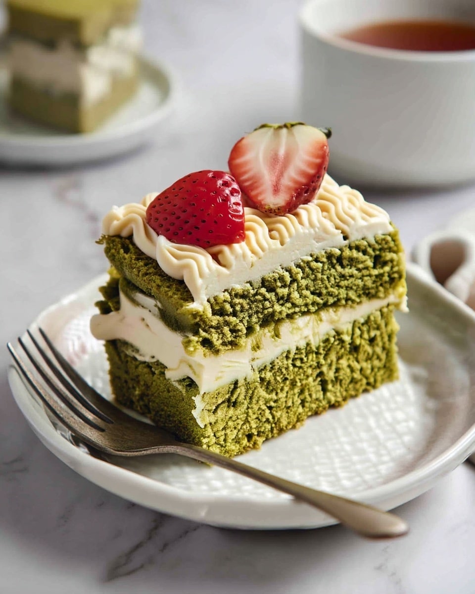 A slice of two-layer green sponge cake with a thick white cream layer in the middle and a thick white cream topping on top, decorated with two halves of fresh red strawberries placed side by side on the right side of the top layer, sits on a white plate. The sponge cake texture looks soft and crumbly, the cream is smoothly piped in wavy patterns, and the strawberries show small seeds and fresh green tips. A silver fork with a simple design rests on the right edge of the plate. The plate is on a white marbled surface with a blurred white plate holding more cake pieces and a beige cup in the background. photo taken with an iphone --ar 4:5 --v 7