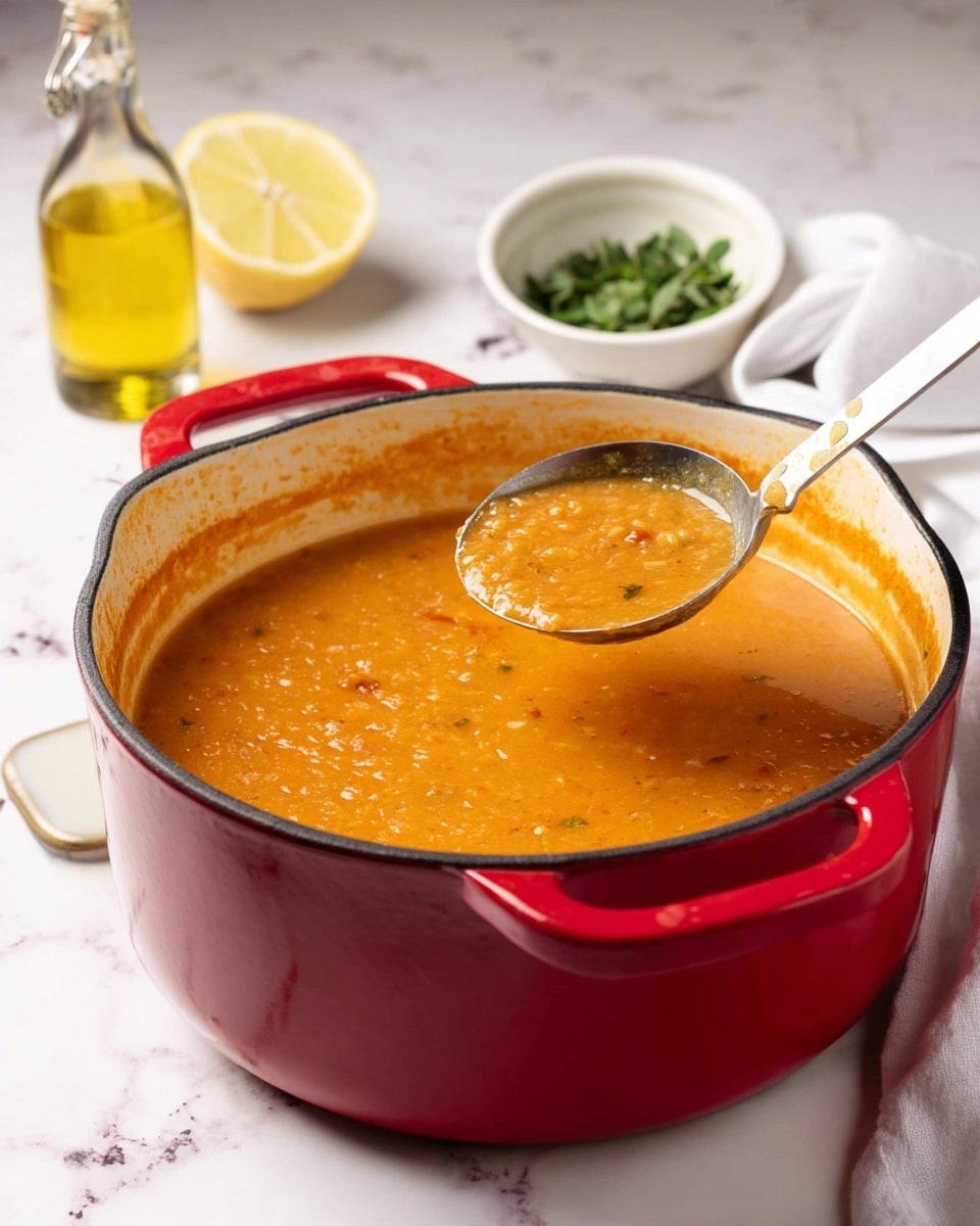 A red pot filled with thick, orange-colored soup with a slightly textured surface that suggests blended vegetables and grains, a metal ladle scooping up some of the soup showing a close-up of the soup’s texture; around the pot sits a half lemon on the left, a clear glass bottle with light yellow oil above the pot, and a white bowl with green herbs at the top, all set on a white marbled surface with a white cloth on the right side. photo taken with an iphone --ar 4:5 --v 7
