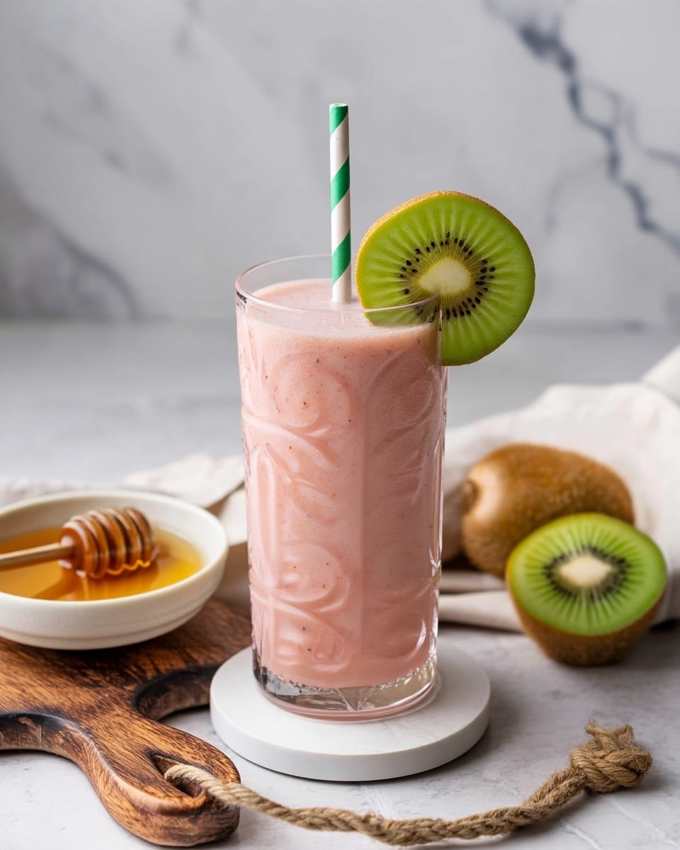 A tall clear glass filled with a smooth, light pink smoothie sits on a round white coaster on a white marbled surface. The smoothie glass is decorated with a green and white striped straw and a fresh green kiwi slice with brown skin placed on the rim. To the left of the glass, a small white bowl filled with golden honey with a wooden honey dipper resting inside sits on a dark wooden cutting board with a rustic rope handle. Behind the smoothie, there is a halved kiwi and a whole kiwi with a light beige cloth casually draped nearby. The background is a simple white marbled texture. photo taken with an iphone --ar 4:5 --v 7