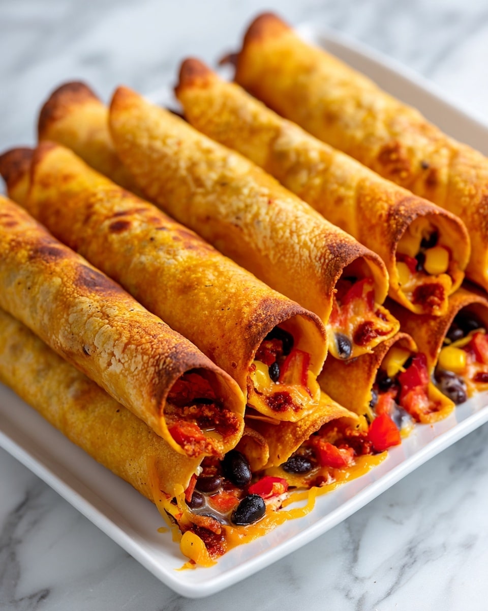 The image shows a close-up of six rolled taquitos lined up side by side on a white rectangular dish resting on a white marbled surface. Each taquito has a golden-brown crispy outer shell with a slightly textured surface and some darker toasted spots, especially near the open ends. From the open ends, the filling is visible and includes layers of melted orange cheddar cheese, bright red diced tomatoes, whole black beans, and bits of yellow corn, creating a colorful and inviting look. The cheese appears melted and slightly stringy near the edges, with a little bit oozing out onto the dish. The overall look is warm and crunchy, with a contrast of textures from the crisp shell to the moist, vibrant filling inside. photo taken with an iphone --ar 4:5 --v 7