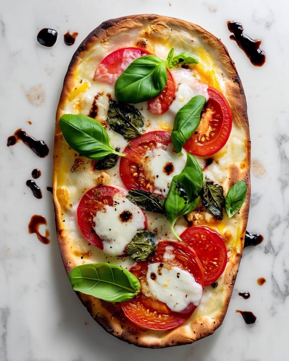 This dish shows a thin oval pizza with one base layer of golden brown crust, slightly burnt on the edges, topped with a creamy white melted cheese layer spread evenly. There are five slices of bright red tomato scattered on top, each partially covered with melted white cheese. Fresh green basil leaves in various sizes are placed on the pizza, adding a vivid green color contrast. Some dark green toasted basil leaves and smooth drops of dark balsamic glaze are spread around for extra texture and color. The pizza is set on a white marbled texture. photo taken with an iphone --ar 4:5 --v 7