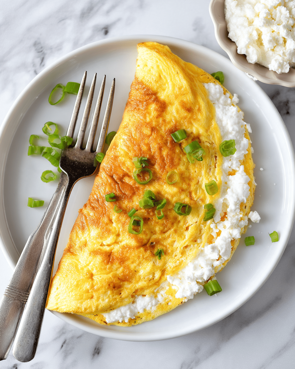 A folded yellow omelette with a slightly browned, textured top layer sits on a white plate, filled with a thick layer of white cottage cheese visible near the folded edge. Bright green chopped scallions are scattered on top of the omelette and around the filling. To the left of the omelette, a silver fork and knife rest on the plate. The plate is placed on a white marbled surface with a small white bowl containing more cottage cheese visible in the top right corner. Photo taken with an iphone --ar 4:5 --v 7
