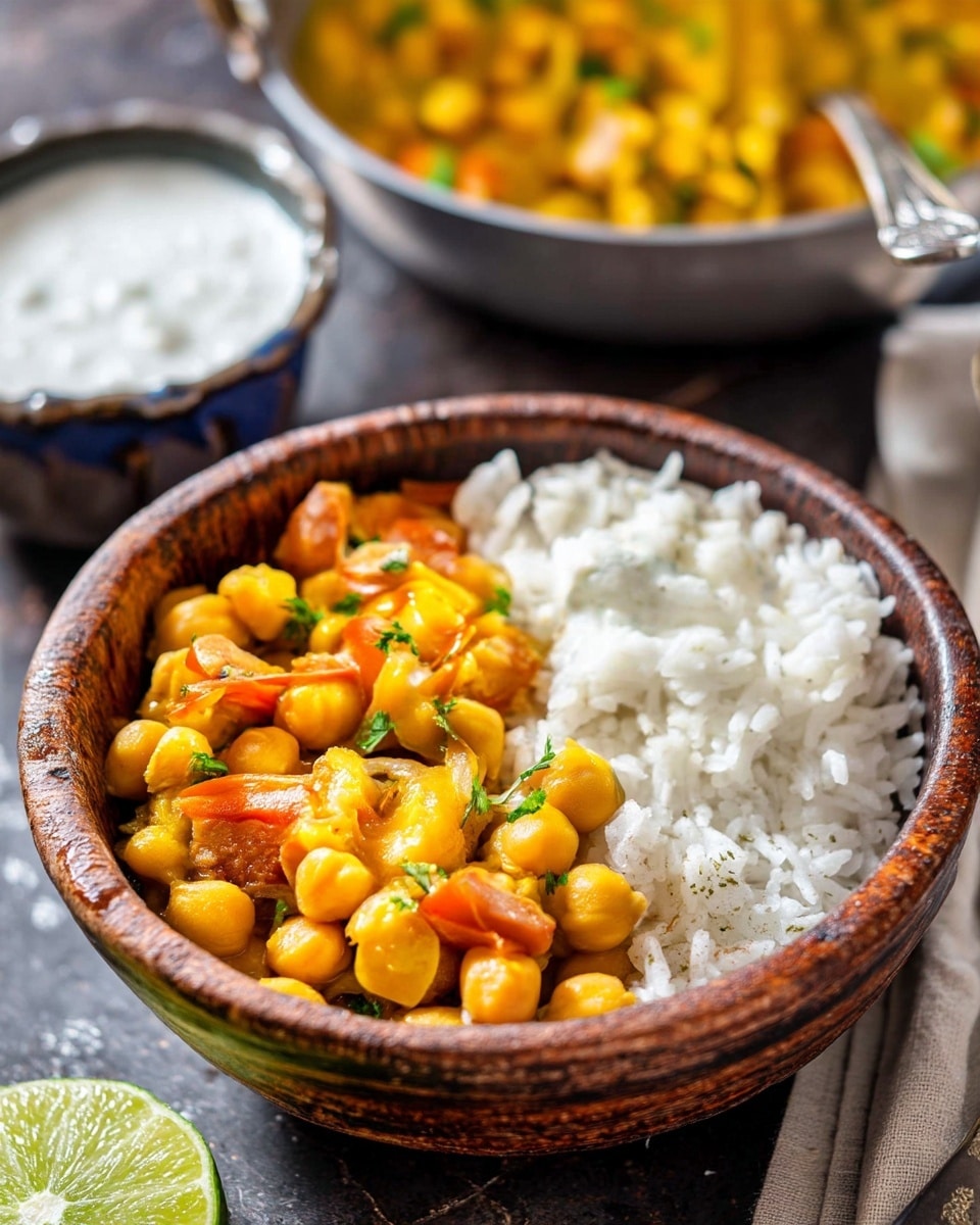 A rustic brown bowl holds two layers inside: on one side, there is a bright yellow chickpea curry mixed with small pieces of orange carrot and garnished with green herbs, giving it a rich and creamy texture; on the other side, there is fluffy white rice with distinct grains. The bowl sits on a surface that appears dark but is replaced with a white marbled texture. In the background, blurred, there is a metal pan filled with more chickpea curry and a smaller white bowl with white sauce or yogurt next to a silver spoon. A halved lime is placed on the lower left side. The overall color contrast between the creamy yellow curry, white rice, and brown bowl creates a warm, inviting look. photo taken with an iphone --ar 4:5 --v 7