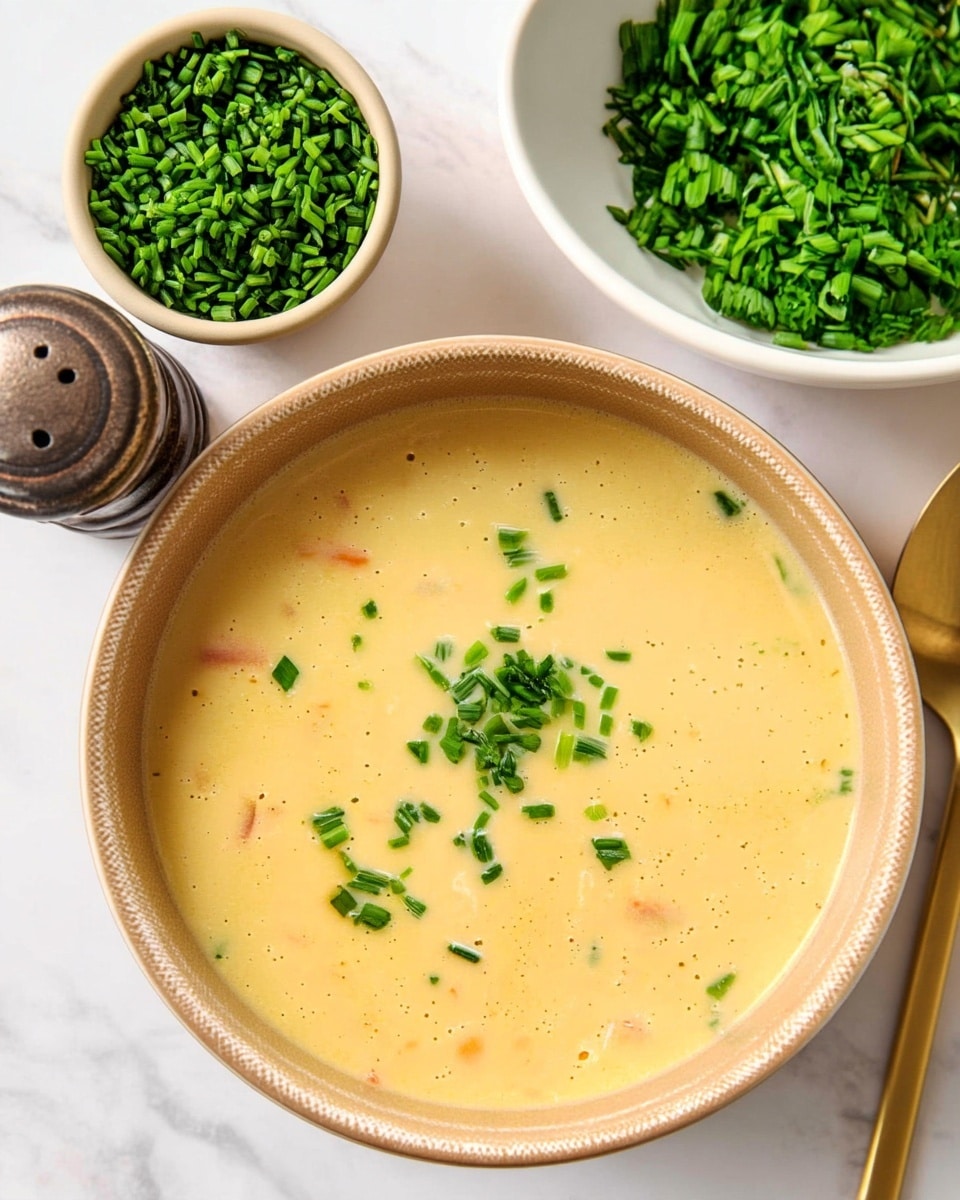 The image shows a bowl of creamy, pale yellow soup with small bits of orange and green mixed in, topped with finely chopped green chives scattered at the center. The soup is served in a round, white bowl with a light brown rim, placed on a white marbled surface. Next to the bowl is a white bowl filled with more chopped green chives, a vintage brown pepper shaker, and a gold spoon resting nearby. The colors are soft and natural, with a smooth and thick soup texture. Photo taken with an iphone --ar 4:5 --v 7