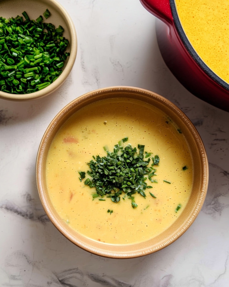 A beige bowl filled with a creamy yellow soup that has a smooth texture with small visible bits inside, topped with a small pile of chopped green herbs in the center; to the left is a small beige bowl filled with finely chopped green herbs, and to the right edge, part of a red pot containing more of the yellow soup is visible, all placed on a white marbled surface. photo taken with an iphone --ar 4:5 --v 7