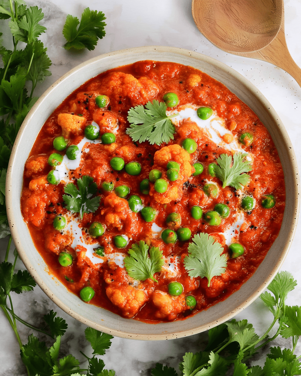 A bowl filled with a thick orange-red stew that has a chunky texture, containing visible cauliflower pieces and chickpeas. Scattered bright green peas and fresh green cilantro leaves top the stew, adding contrast. There are small drizzles of white cream on the surface, blending softly with the stew’s rich color. The bowl is set on a white marbled background, with some green cilantro leaves placed around it and a wooden spoon partially in view at the top right. photo taken with an iphone --ar 4:5 --v 7