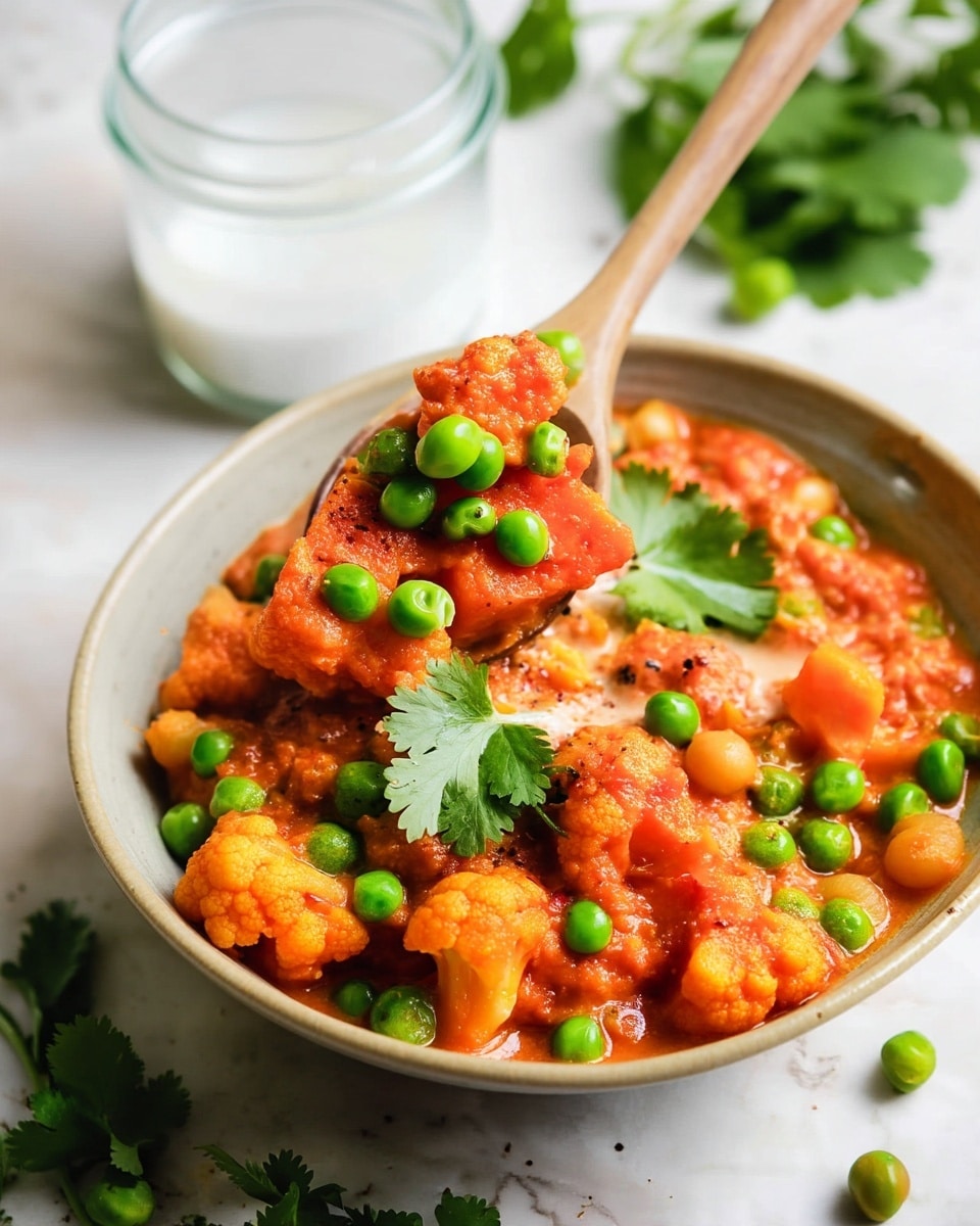 A beige bowl filled with a vibrant orange stew that has chunks of cooked cauliflower and sweet potato, mixed with bright green peas scattered throughout. Fresh green cilantro leaves are placed on top as garnish. A wooden spoon holds a piece of orange sweet potato decorated with a green pea on top, partially lifted from the bowl. The bowl sits on a white marbled textured surface with some peas and cilantro leaves scattered around. In the background, a glass jar filled with white liquid is out of focus. Photo taken with an iphone --ar 4:5 --v 7