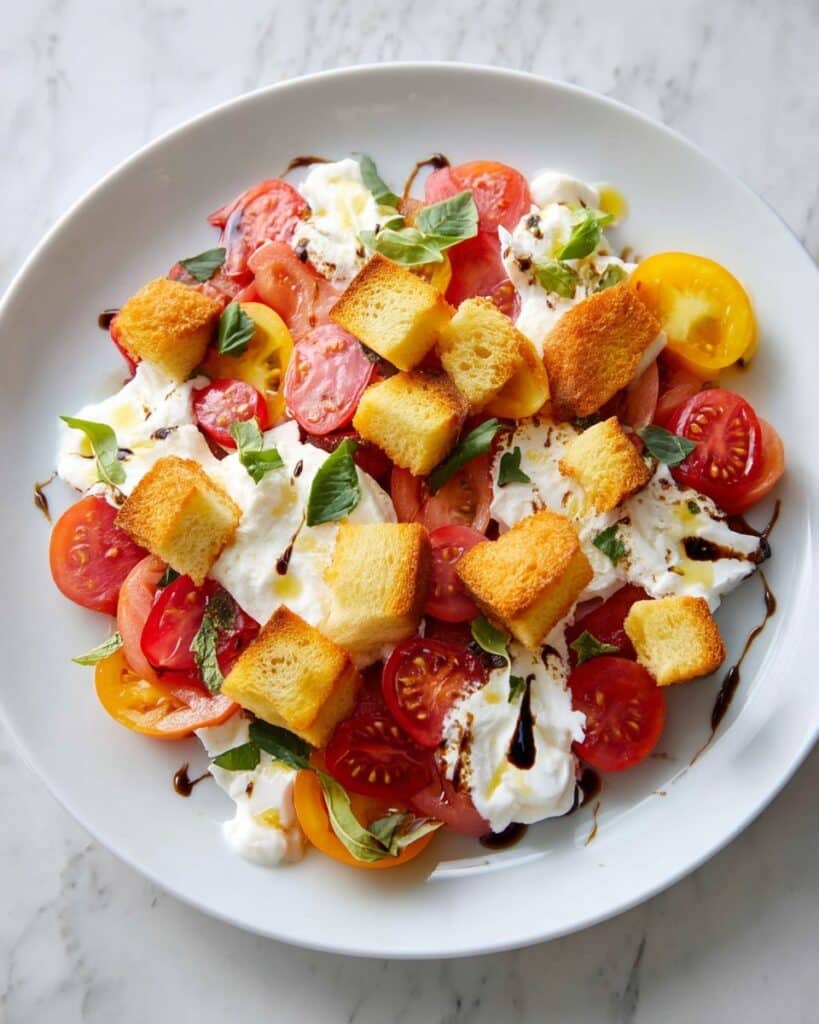 Burrata Salad with Heirloom Tomatoes, Basil, and Crispy Ciabatta Recipe
