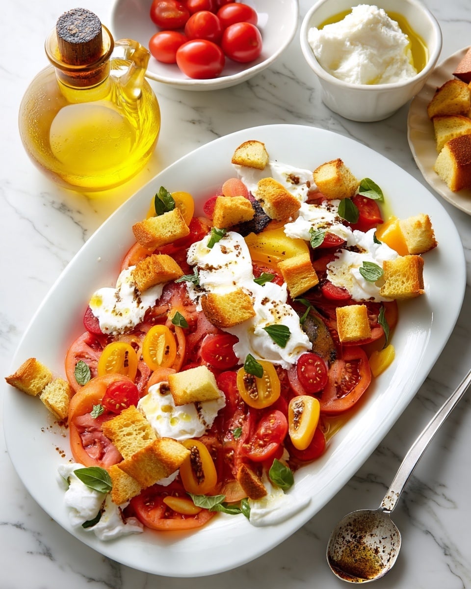 A white oval plate sits on a white marbled surface filled with a layered salad starting from the bottom with slices of red and yellow tomatoes. The second layer has refreshingly white dollops of creamy cheese spread unevenly over the tomatoes. Scattered all over are golden brown toasted bread cubes giving a crunchy texture contrast. Fresh green basil leaves add a pop of color on top, along with small traces of drizzle that looks like olive oil and a balsamic glaze. To the upper left of the plate, an additional small white plate holds more toasted bread cubes, and a glass bottle filled with golden olive oil is placed on the upper right side. Various bowls and containers with white cheese, dressing, and halved cherry tomatoes surround the main plate. photo taken with an iphone --ar 4:5 --v 7