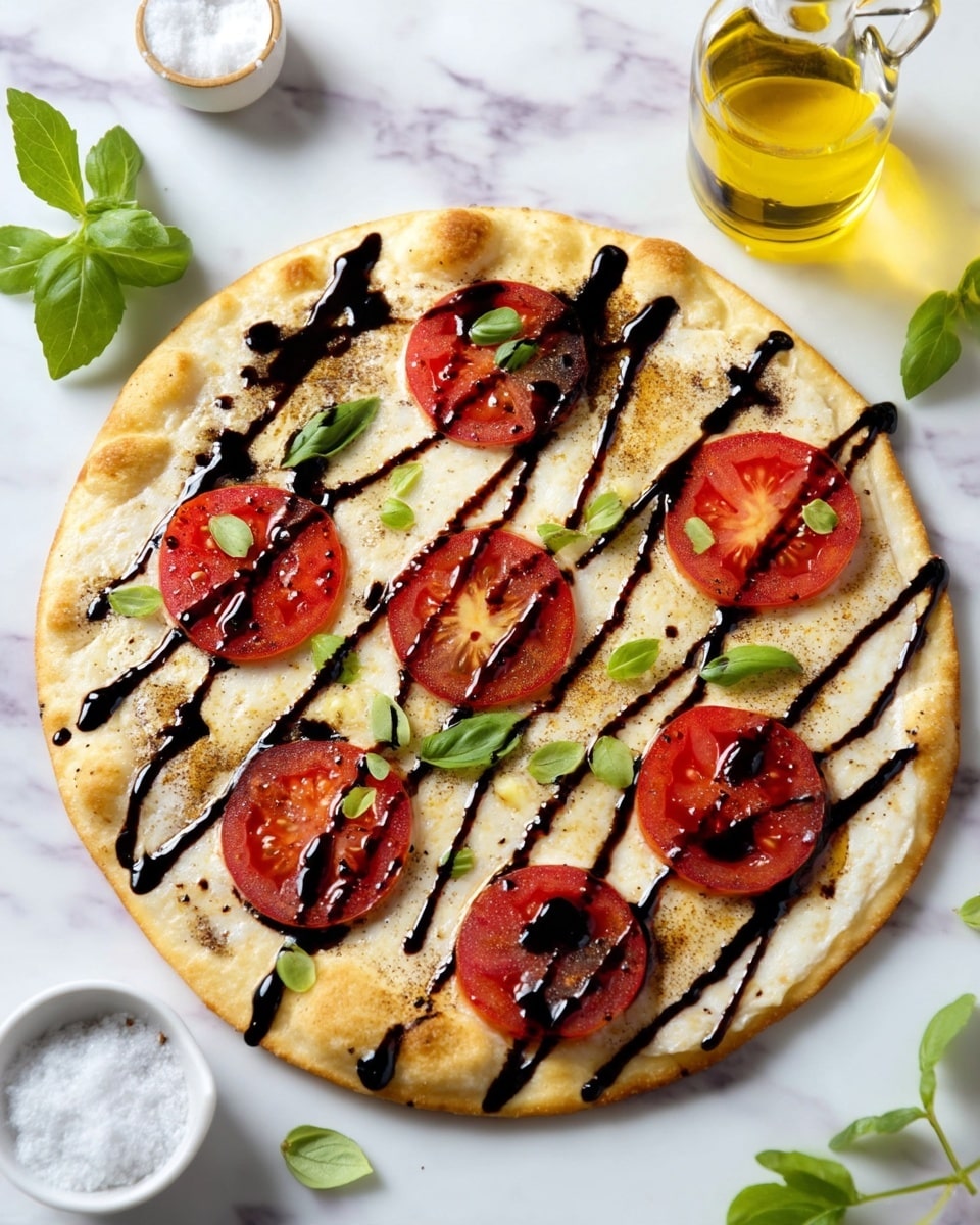 A flat round pizza with a light golden crust forms the base layer, topped with a smooth layer of melted white cheese spread evenly. On top, there are seven evenly spaced, bright red tomato slices with visible seeds and moisture. Fresh green basil leaves are scattered across the pizza, adding a touch of bright green color. A dark, glossy balsamic glaze is drizzled in a crisscross diamond pattern over the top, providing a rich contrast against the red tomatoes and white cheese. The pizza sits on a white plate over a white marbled surface, with a small glass bottle of golden olive oil and a white bowl with coarse salt nearby. photo taken with an iphone --ar 4:5 --v 7