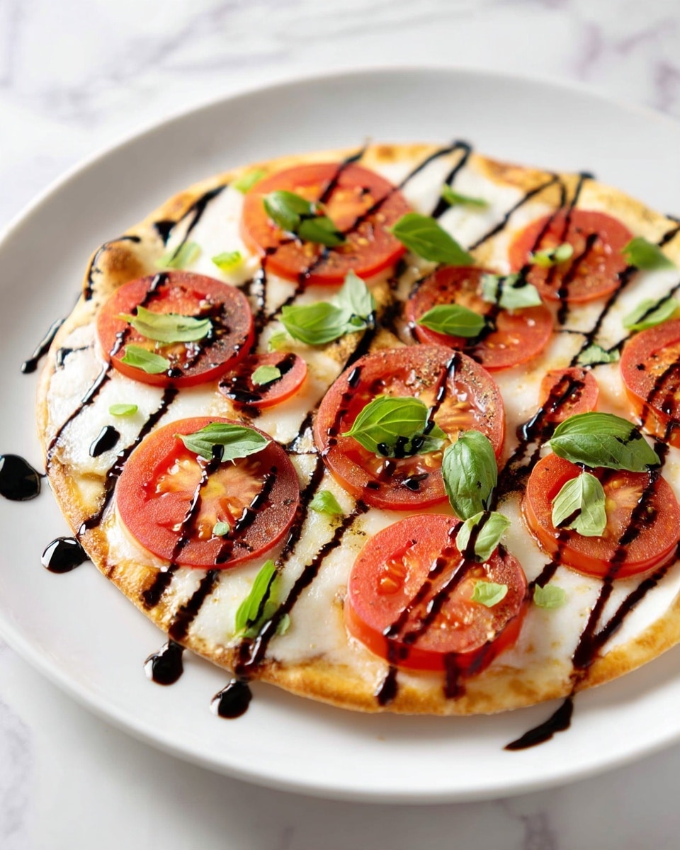A thin pizza with a light golden crust at the edges, topped with a creamy white cheese base spread evenly as the first layer. On top, there are bright red tomato slices arranged around the pizza with small fresh green basil leaves scattered between them. A dark glaze, likely balsamic reduction, is drizzled in a crisscross pattern over the entire pizza, adding sharp contrast. The pizza sits on a white plate on a white marbled surface. Photo taken with an iphone --ar 4:5 --v 7