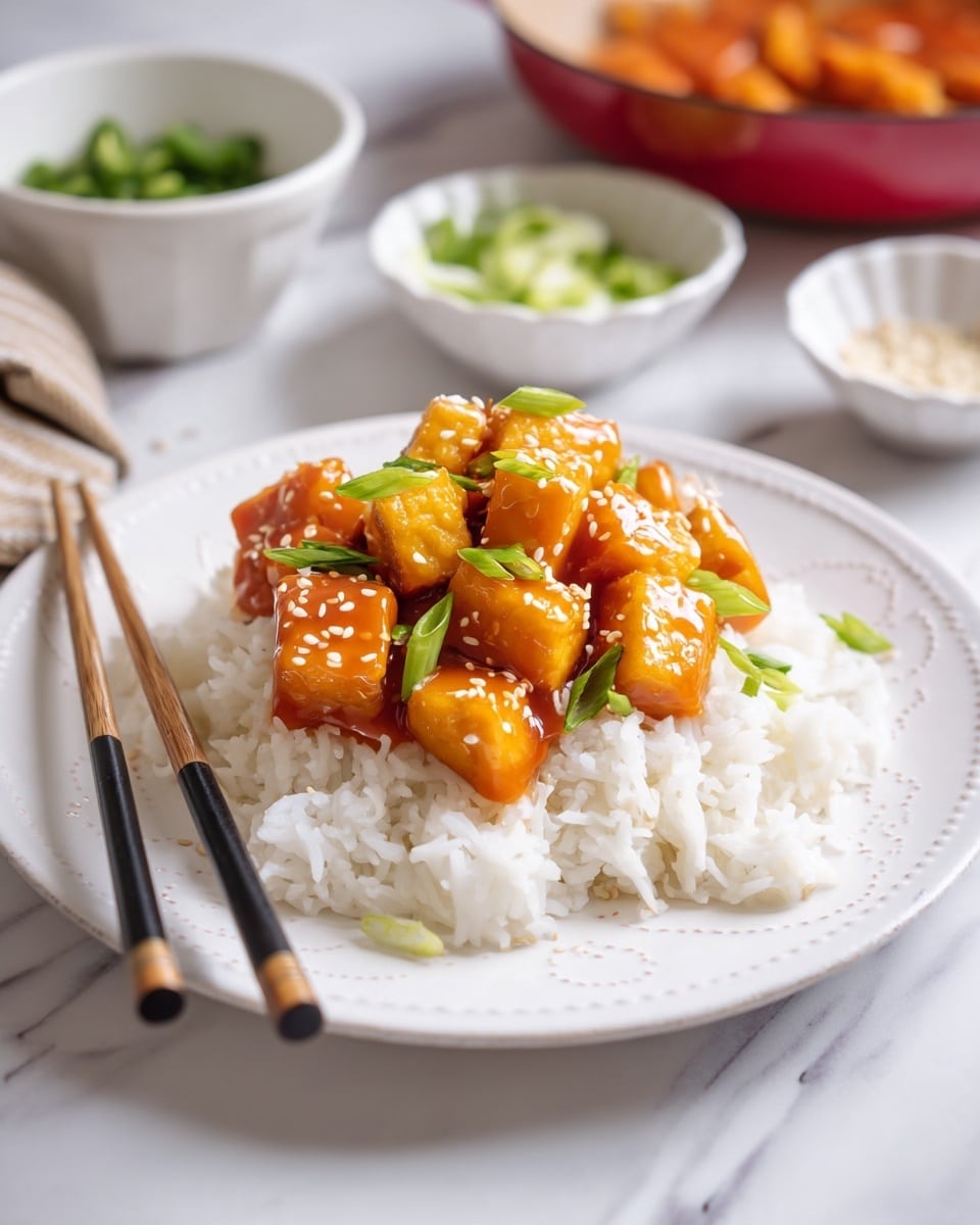A white plate holds a two-layer dish with a base of fluffy white rice spread evenly in a circular shape. On top, there is a mound of sticky glazed tofu cubes, bright orange in color with a shiny texture. The tofu is sprinkled with white sesame seeds and chopped green onions for garnish, adding green specks throughout. To the left side of the plate, a pair of wooden chopsticks with black tips rests partly on the plate and marble surface. The background shows a white marbled texture with small white bowls filled with chopped green onions and sesame seeds, and a red pan containing more glazed tofu in the upper right corner. photo taken with an iphone --ar 4:5 --v 7