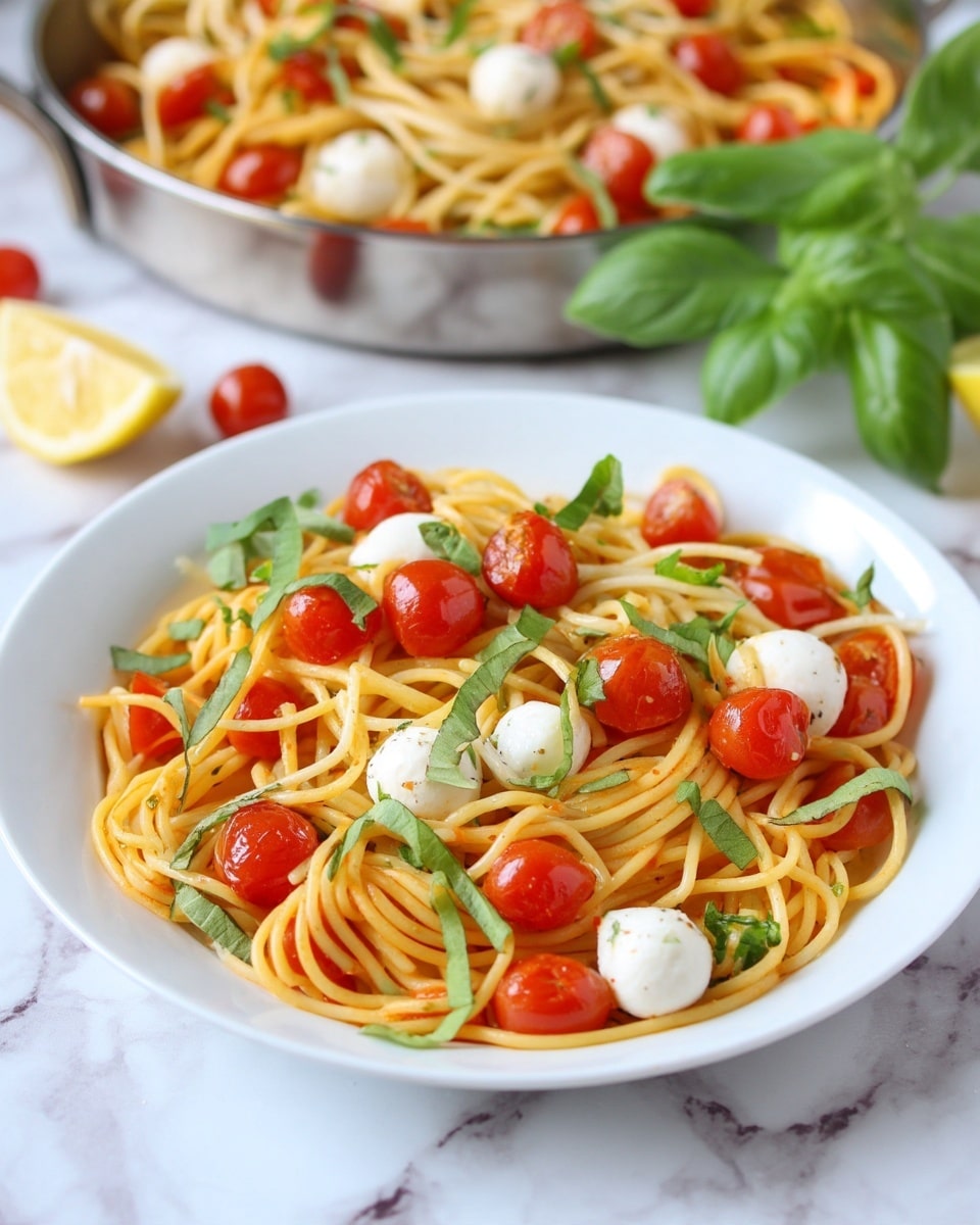 A white shallow bowl holds a serving of spaghetti pasta mixed with halved cherry tomatoes, small white mozzarella balls, and green basil strips, all tossed together with a light coating of olive oil and herbs. Behind the bowl, a metal pan filled with more of the same pasta dish is partly visible. On the white marbled surface around the bowl, there is a halved lemon, a small gray container of coarse salt, and scattered basil leaves. The colors are warm and fresh, with the red tomatoes, white cheese, and green herbs standing out against the creamy beige pasta. photo taken with an iphone --ar 4:5 --v 7