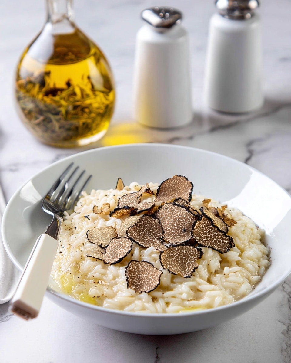 A white bowl filled with creamy risotto that has a soft, slightly glossy texture and a light beige color. On top, several thin, uneven slices of black truffle are scattered, showing dark brown edges with lighter brown centers. There is a drizzle of olive oil adding a shiny touch and some black pepper sprinkled across the dish. A silver fork with a white handle rests on the left edge of the bowl. The bowl sits on a white marbled surface with a glass bottle of olive oil and white salt and pepper shakers behind it. photo taken with an iphone --ar 4:5 --v 7