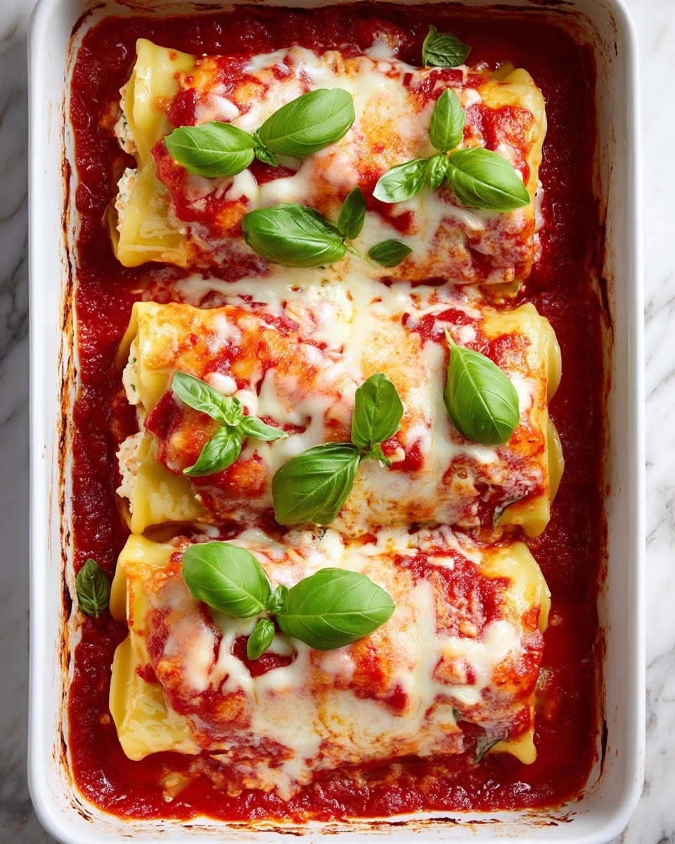 The image shows a white rectangular baking dish with three rolled pasta tubes filled with a creamy white cheese mixture, topped with bright red tomato sauce and melted, slightly browned mozzarella cheese spread unevenly over the rolls. Fresh green basil leaves are placed on top as garnish, adding a pop of color. The pasta rolls are resting on a thin layer of tomato sauce, and the texture looks soft and moist. Part of the dish is missing from the corner, showing the creamy cheese filling inside the pasta, along with some melted cheese strings stretching out. The background has a white marbled texture. photo taken with an iphone --ar 4:5 --v 7